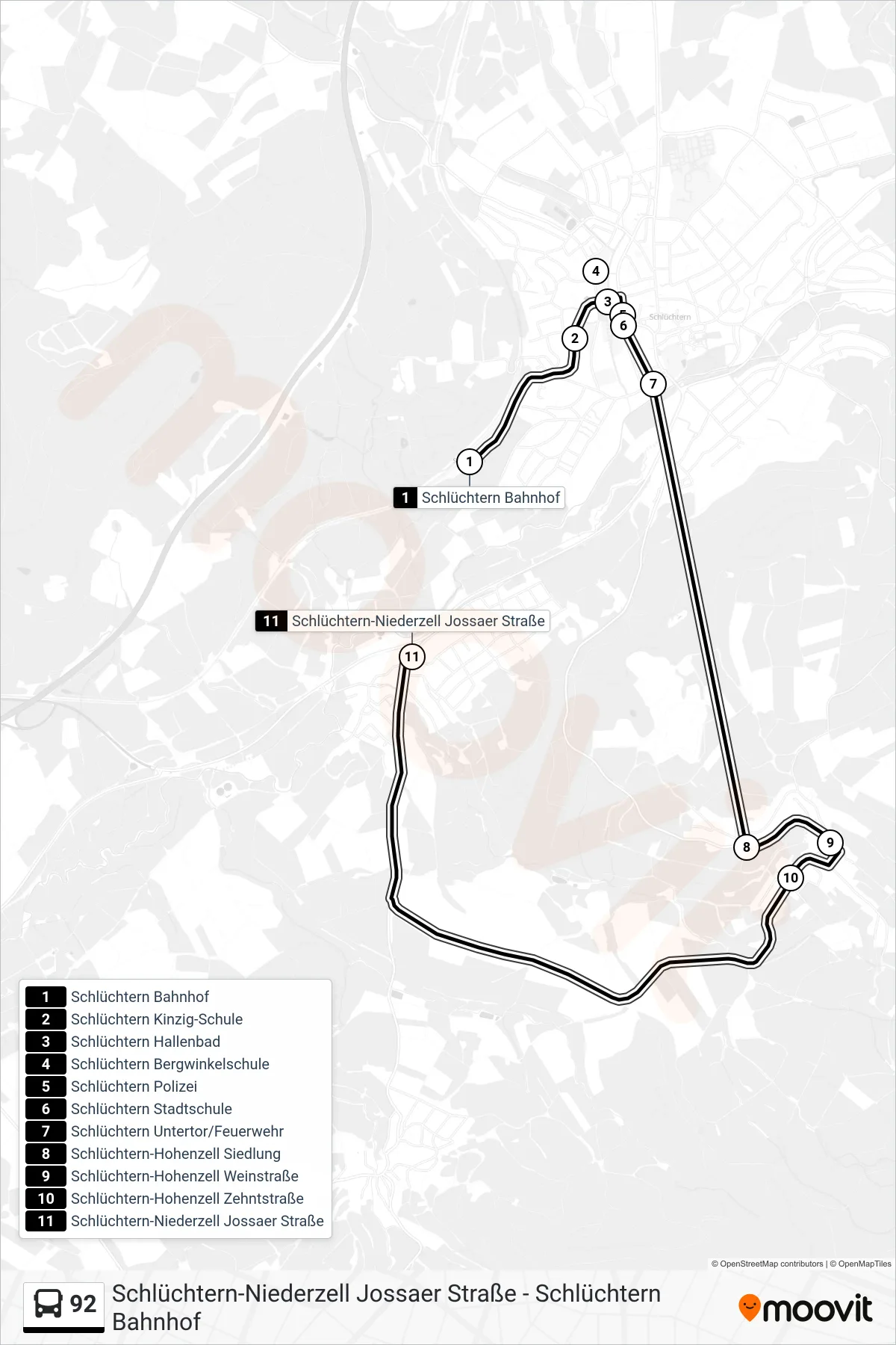 Linie 92 (Bus) Richtung Niederzell: Route und Haltestellen auf der Karte