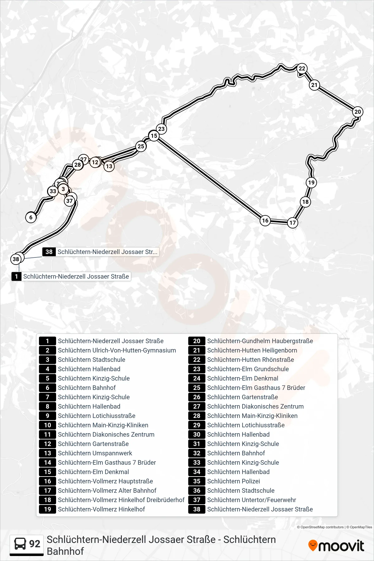 92 bus Line (Schlüchtern-Niederzell Jossaer Straße) route and stops on a map