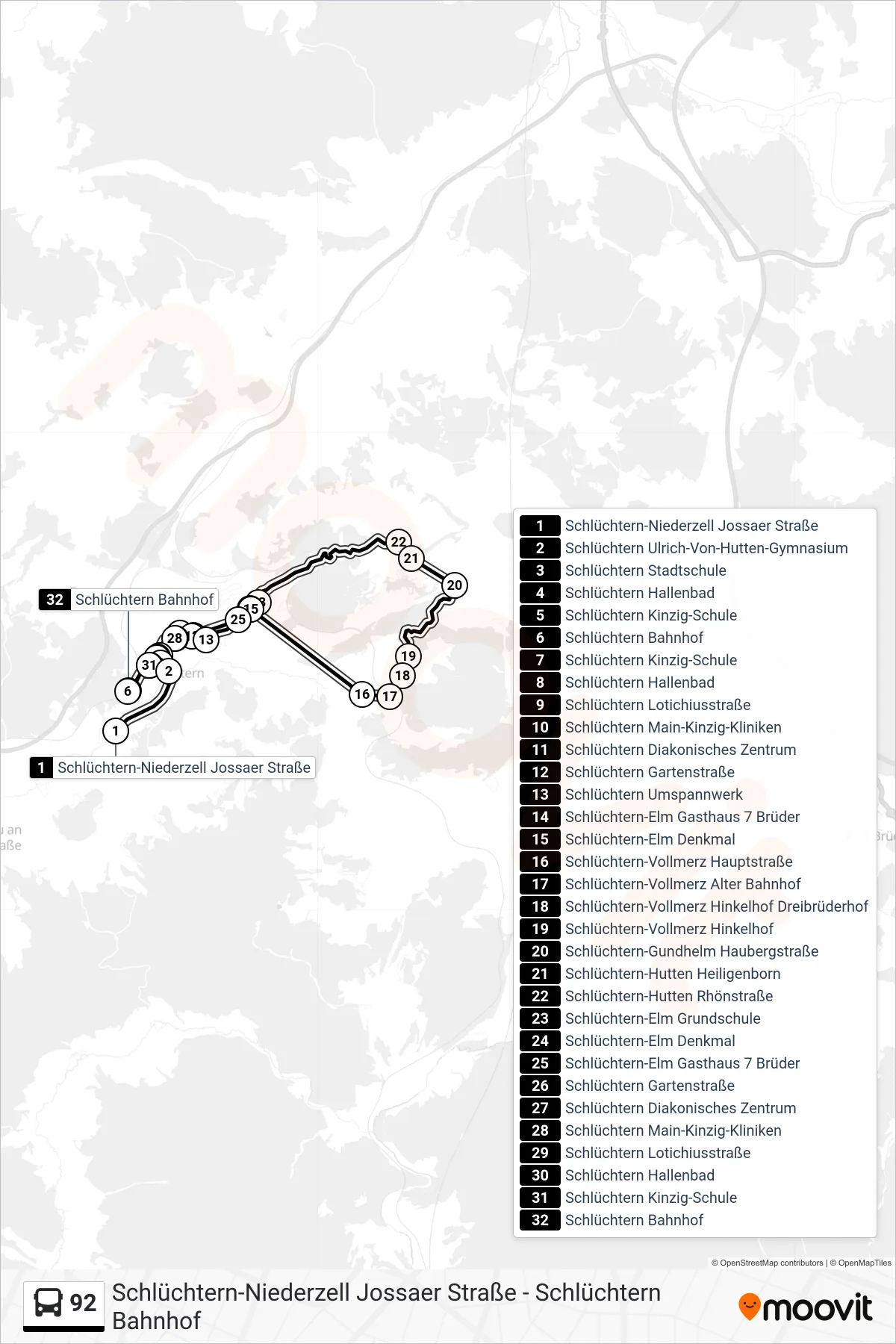92 bus Line (Schlüchtern Bahnhof) route and stops on a map