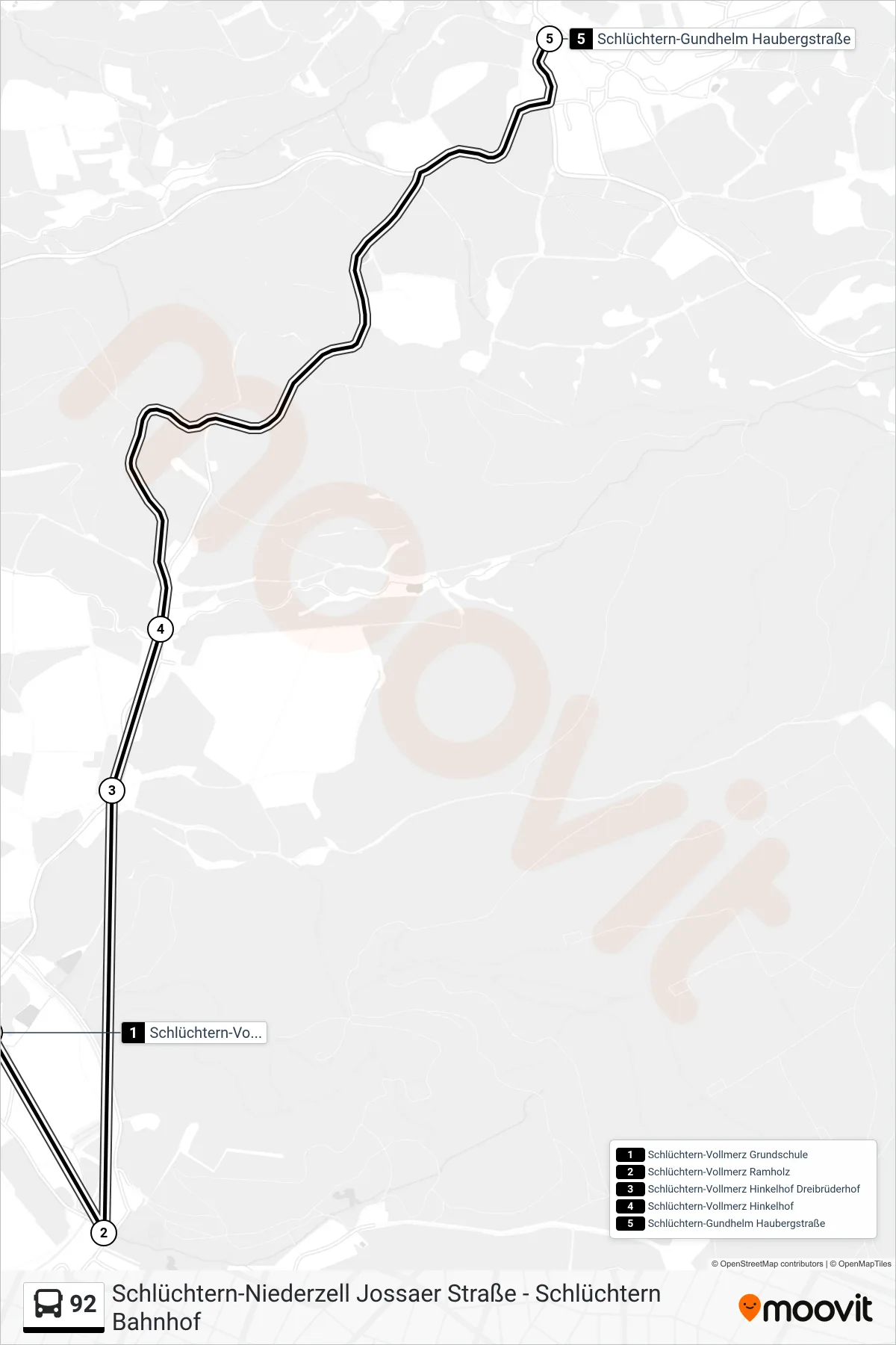 92 bus Line (Gundhelm) route and stops on a map