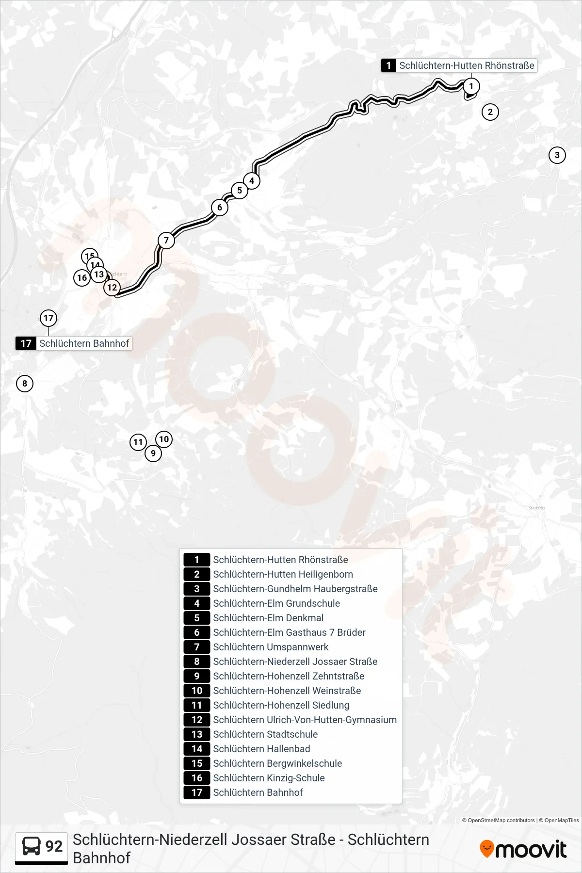 92 bus Line (Schlüchtern) route and stops on a map