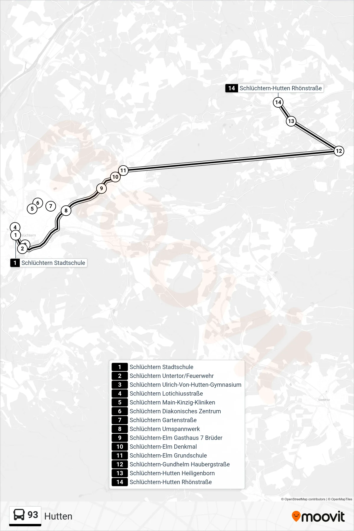 93 bus Line (Hutten) route and stops on a map