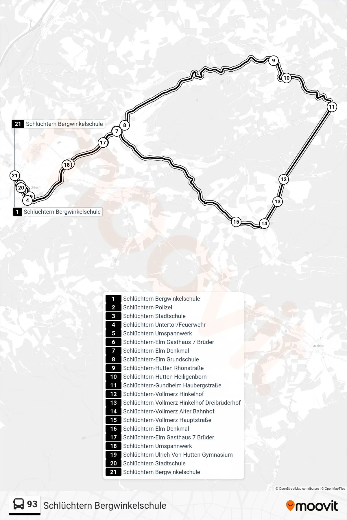 93 bus Line (Schlüchtern Bergwinkelschule) route and stops on a map