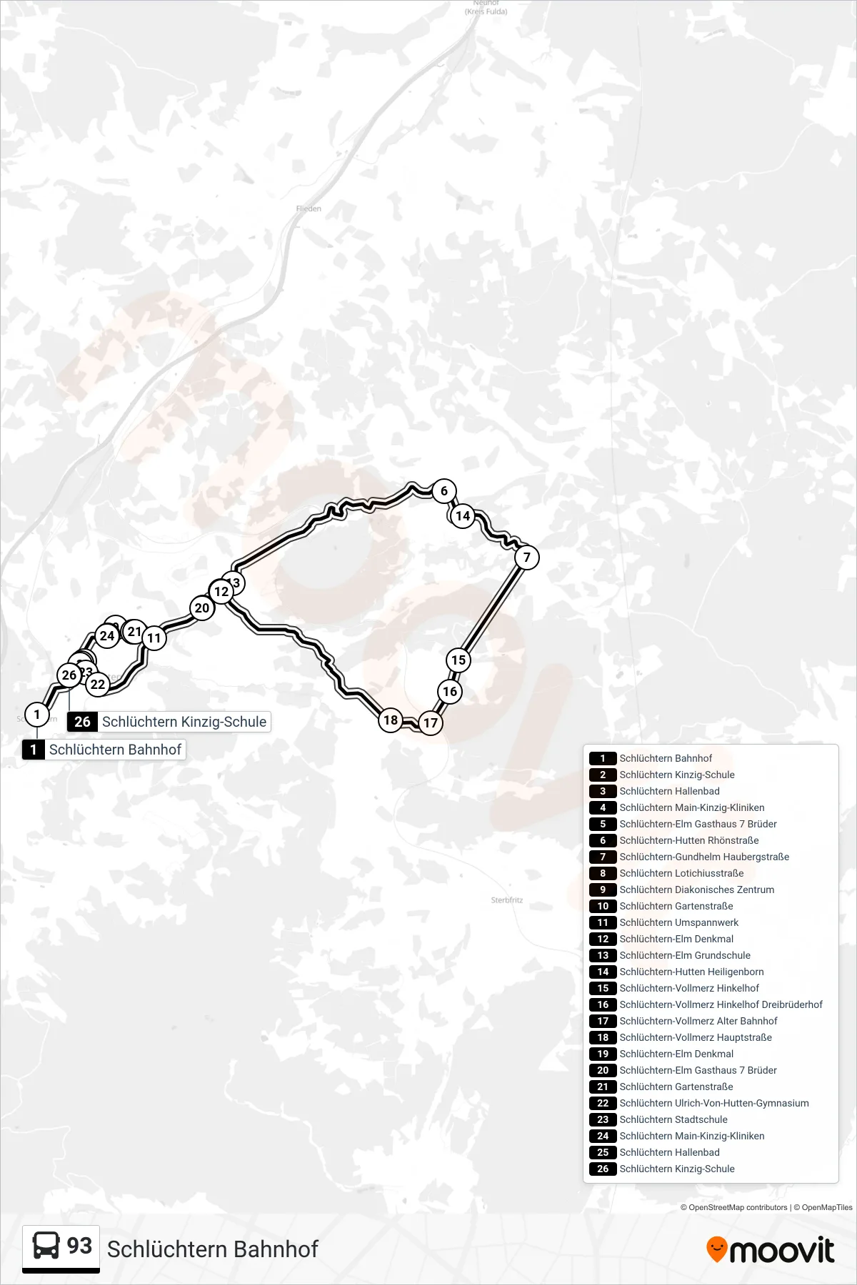 93 bus Line (Schlüchtern Bahnhof) route and stops on a map