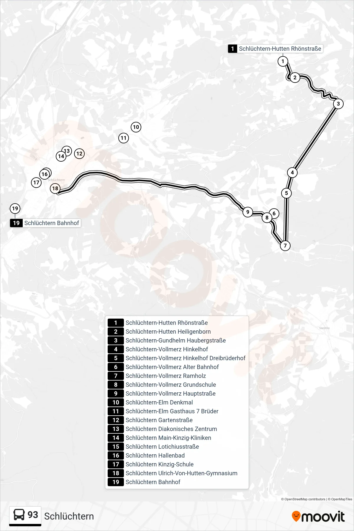 Linie 93 (Bus) Richtung Schlüchtern: Route und Haltestellen auf der Karte