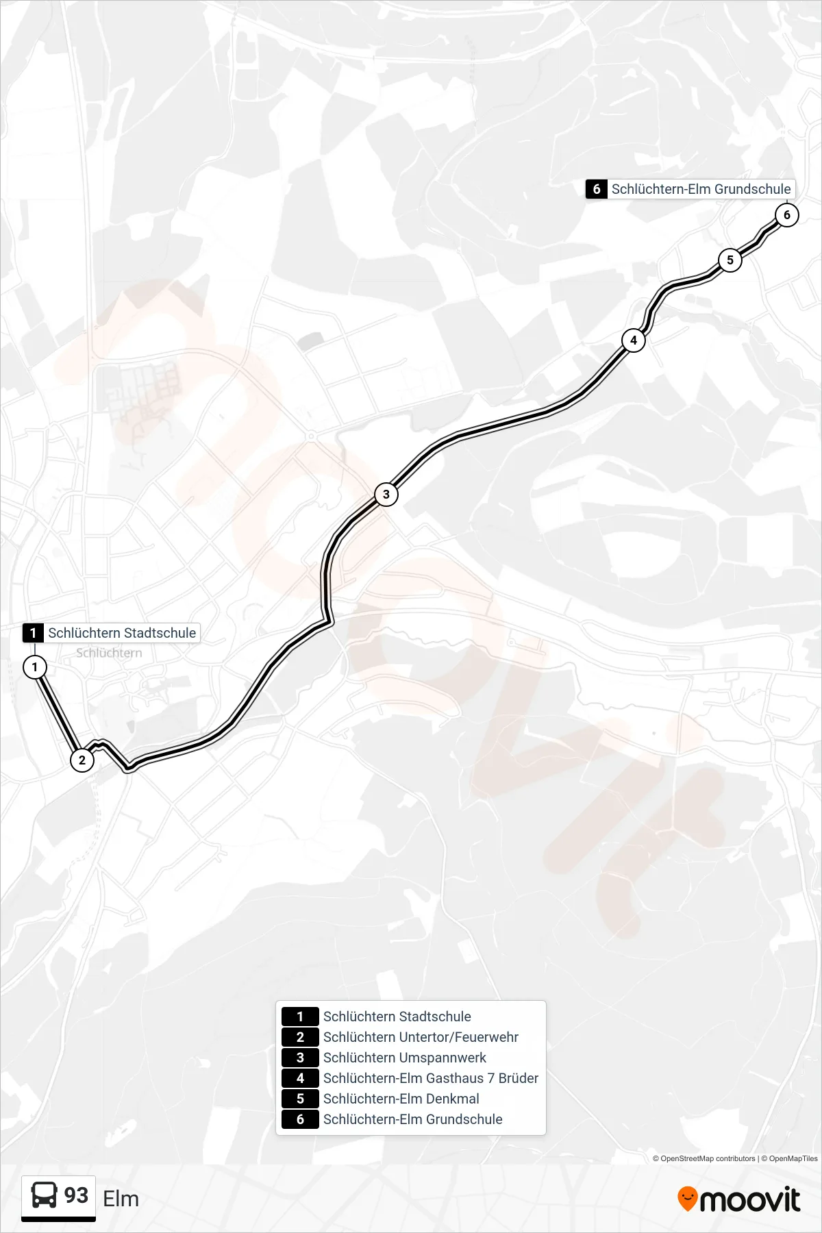 93 bus Line (Elm) route and stops on a map
