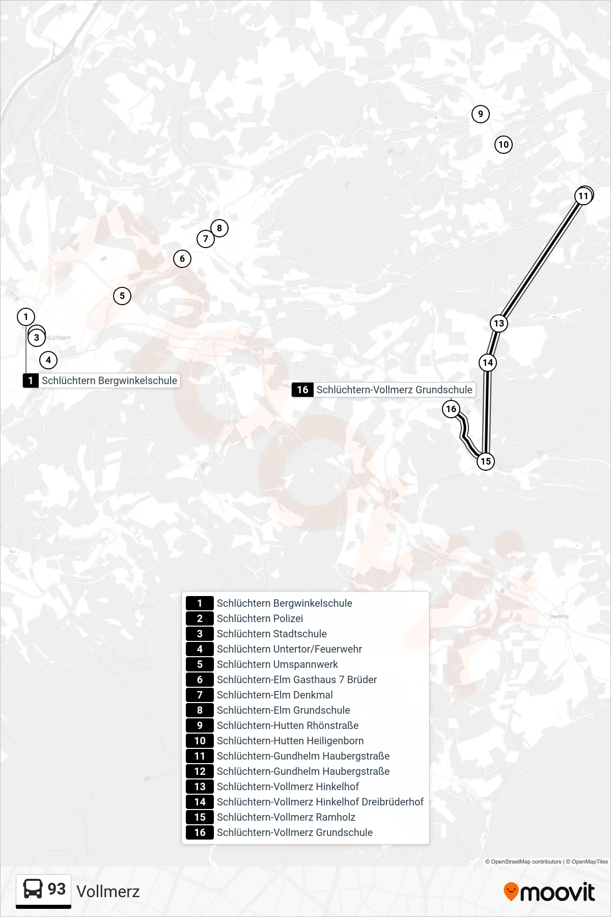 93 bus Line (Vollmerz) route and stops on a map