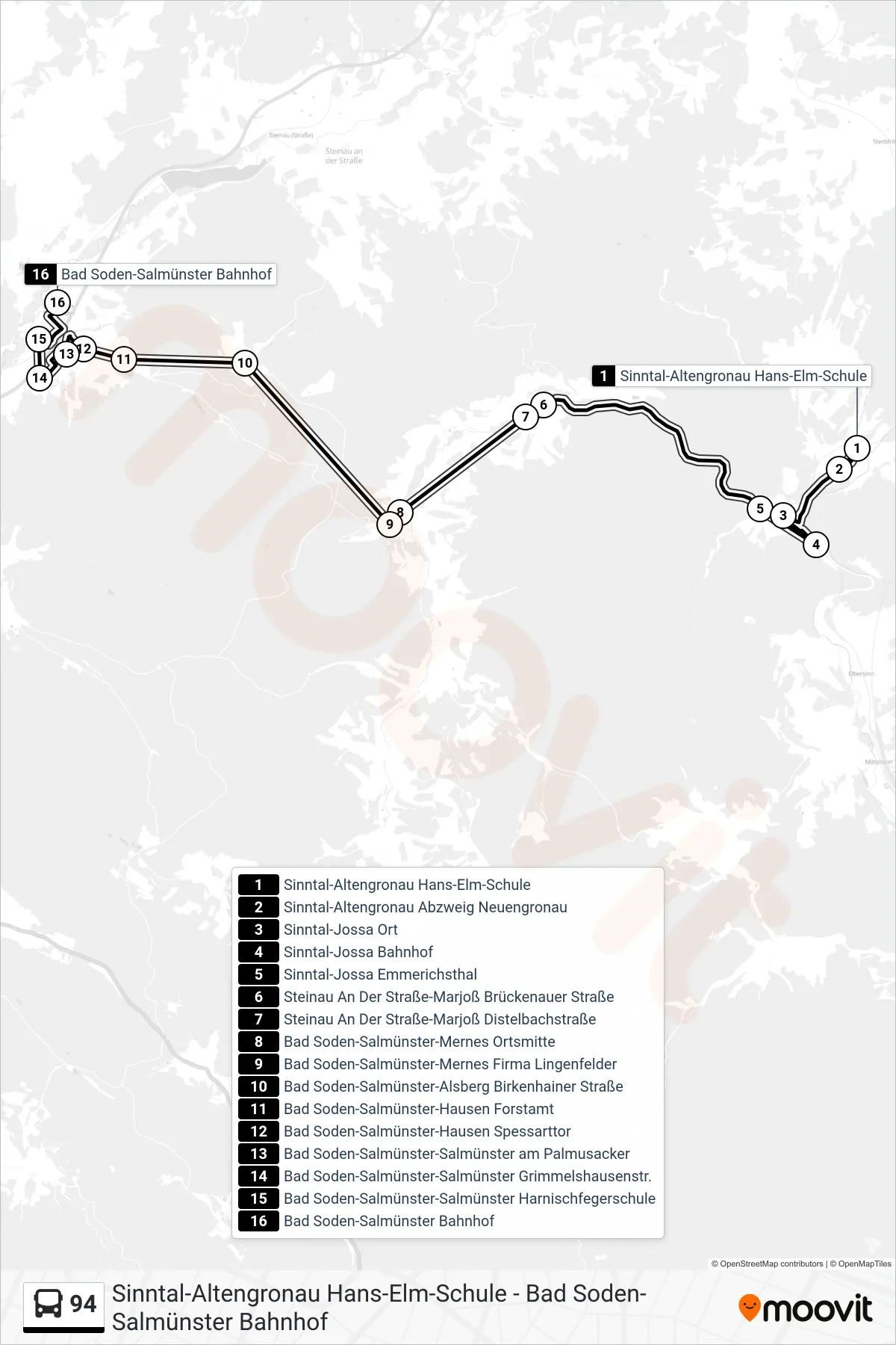 94 bus Line (Bad Soden-Salmünster Bahnhof) route and stops on a map