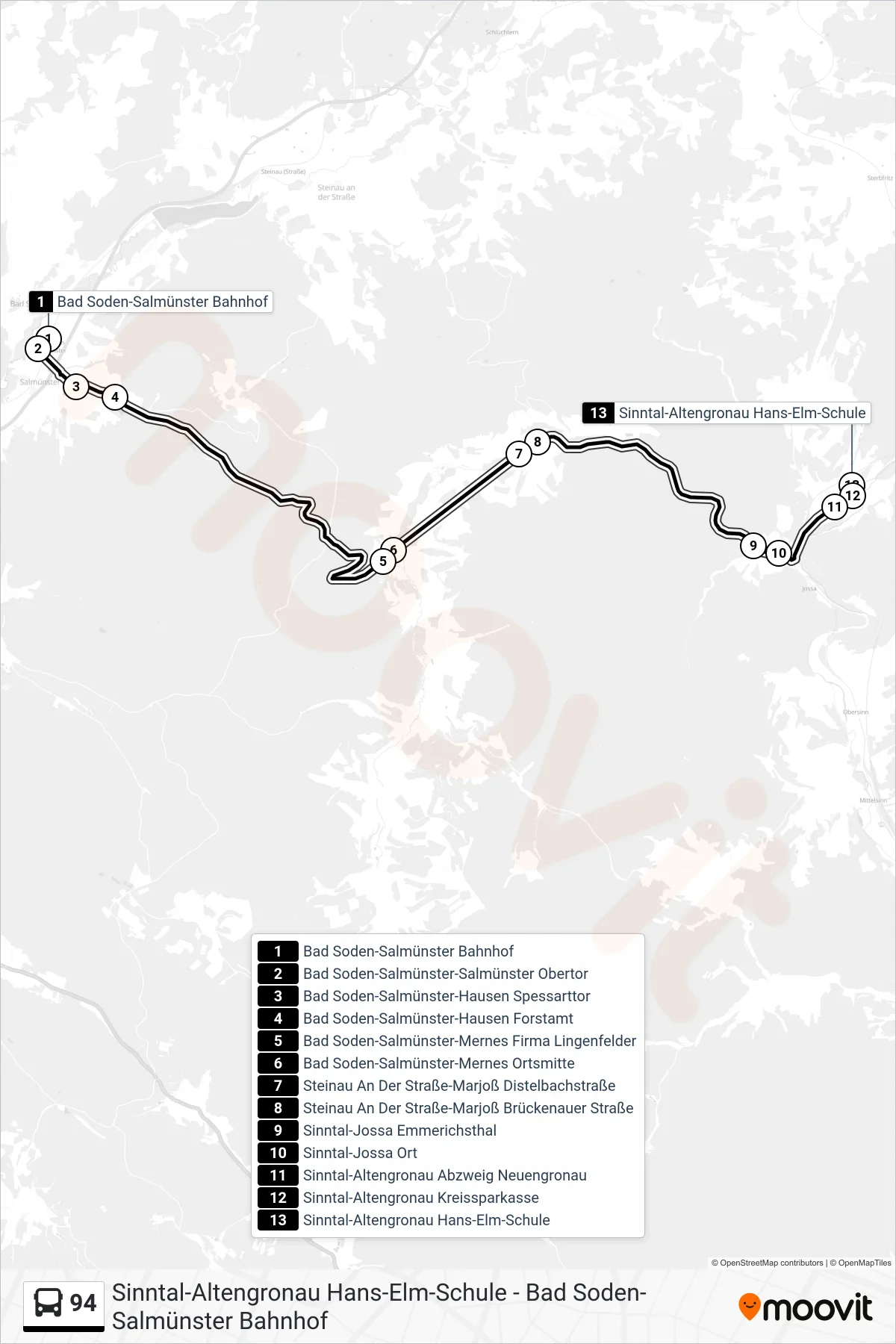 94 bus Line (Sinntal-Altengronau Hans-Elm-Schule) route and stops on a map