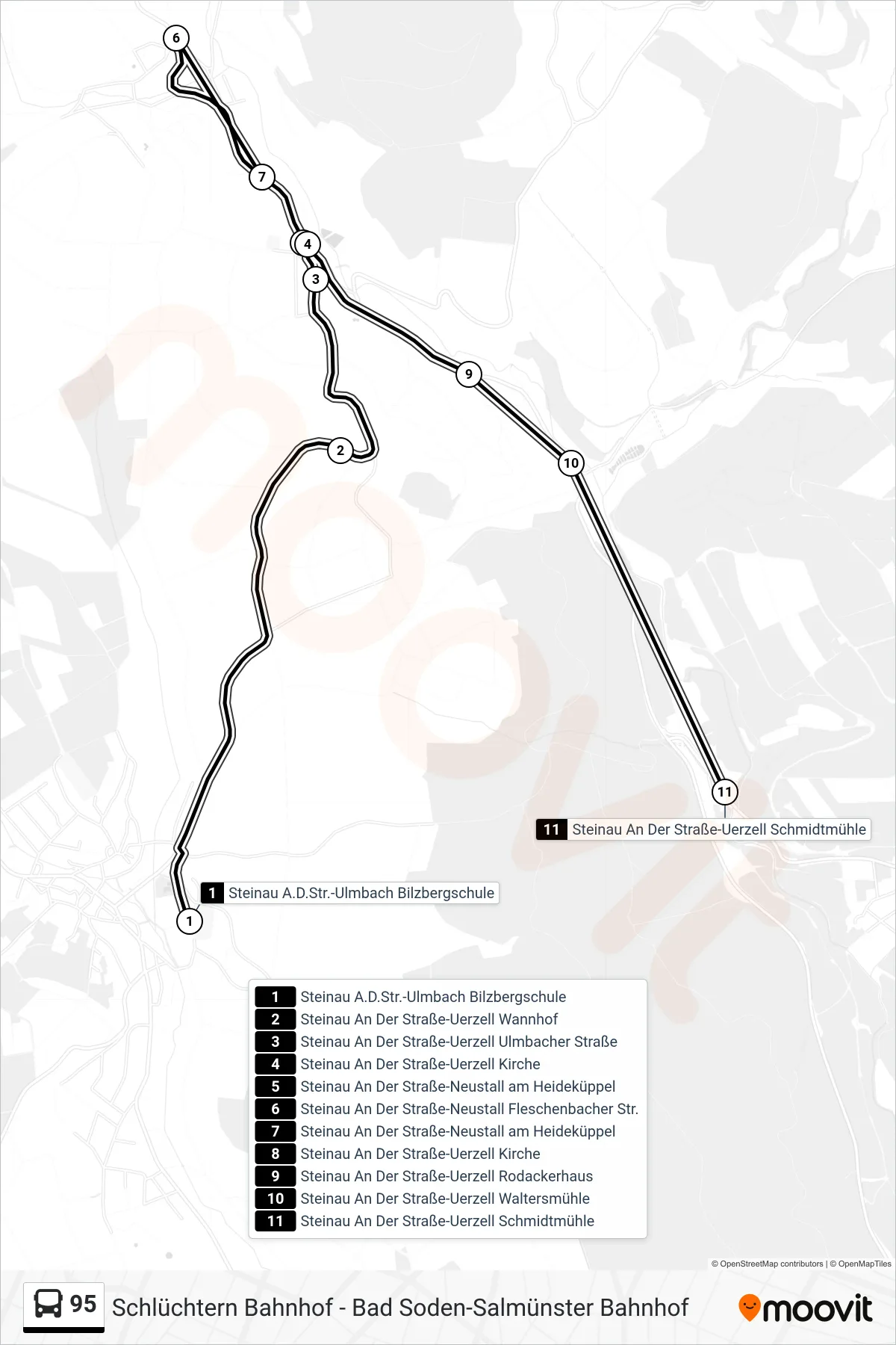 95 bus Line (Ürzell) route and stops on a map