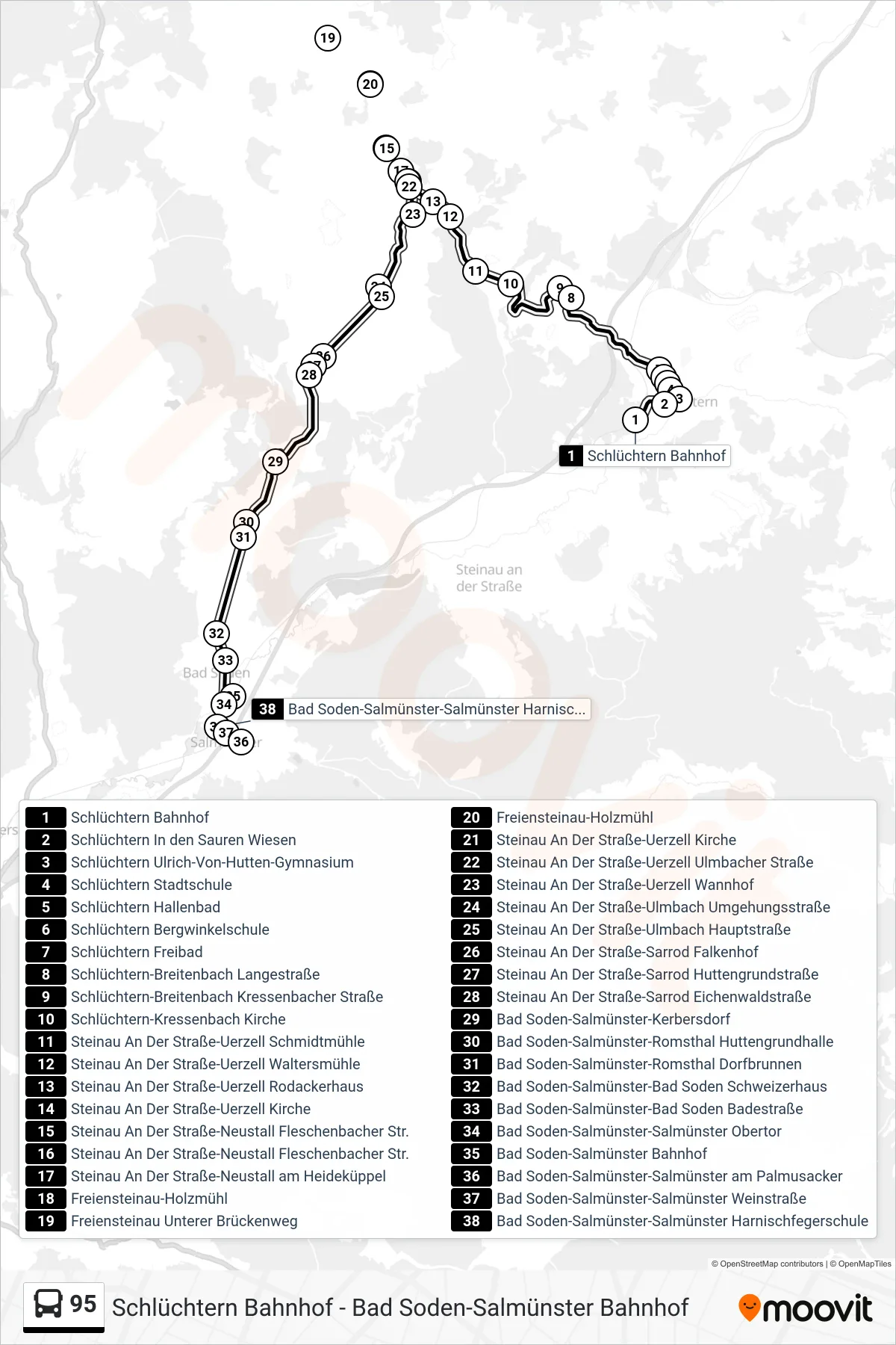 95 bus Line (Salmünster) route and stops on a map