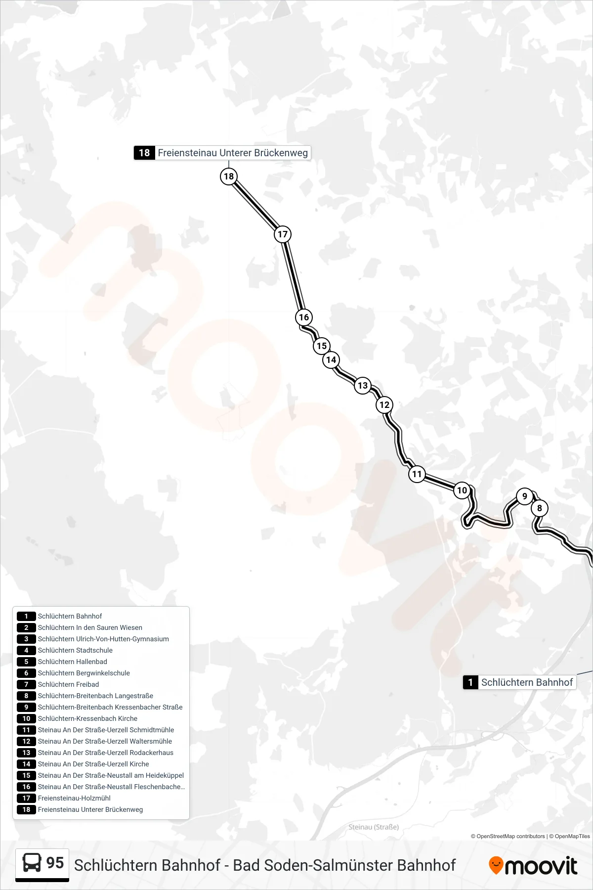 95 bus Line (Freiensteinau) route and stops on a map