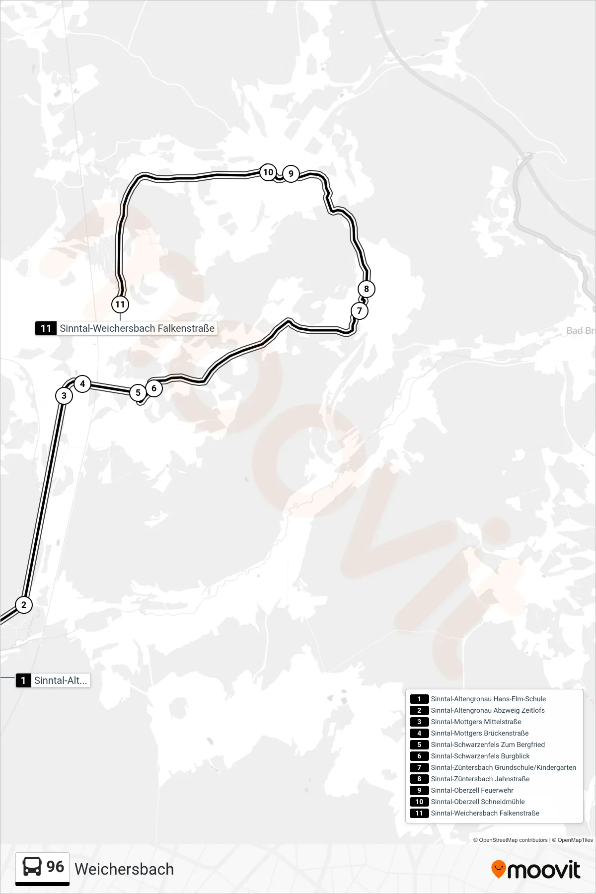 96 bus Line (Weichersbach) route and stops on a map
