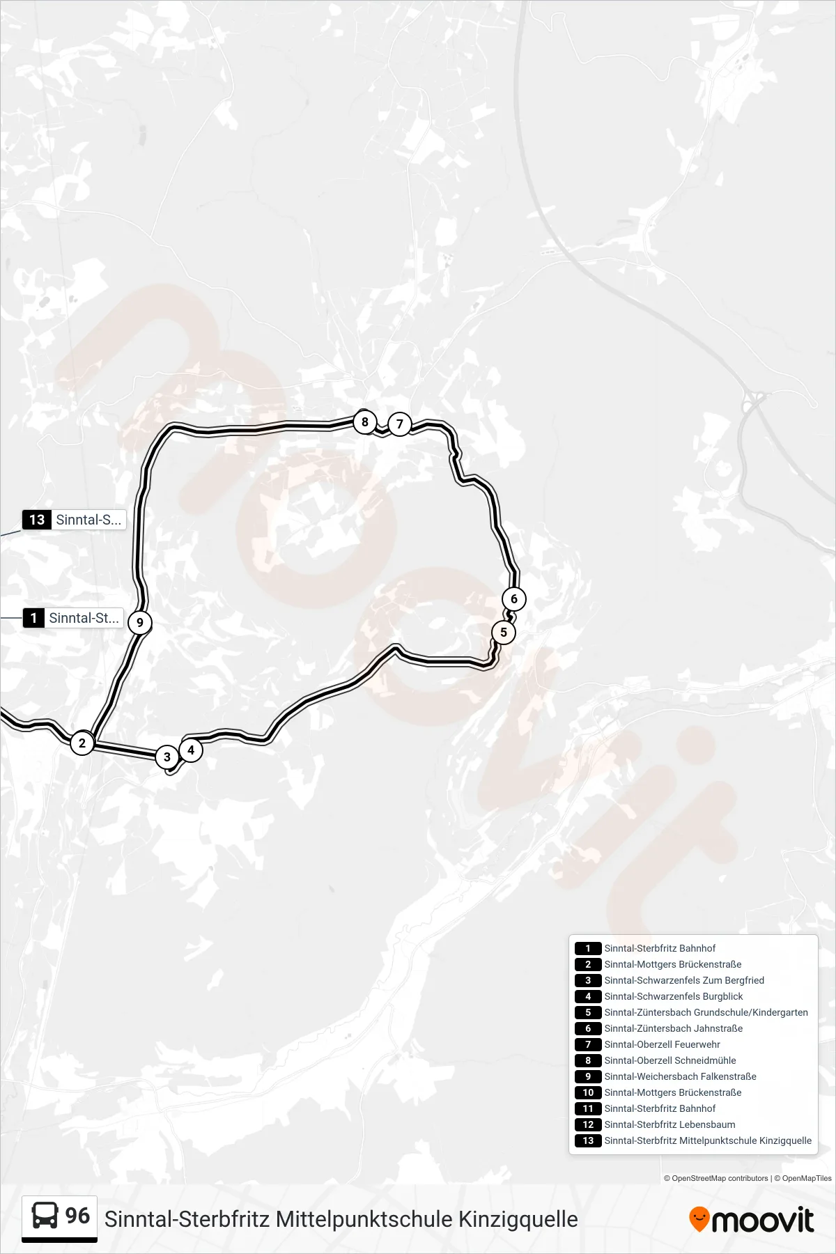 96 bus Line (Sinntal-Sterbfritz Mittelpunktschule Kinzigquelle) route and stops on a map