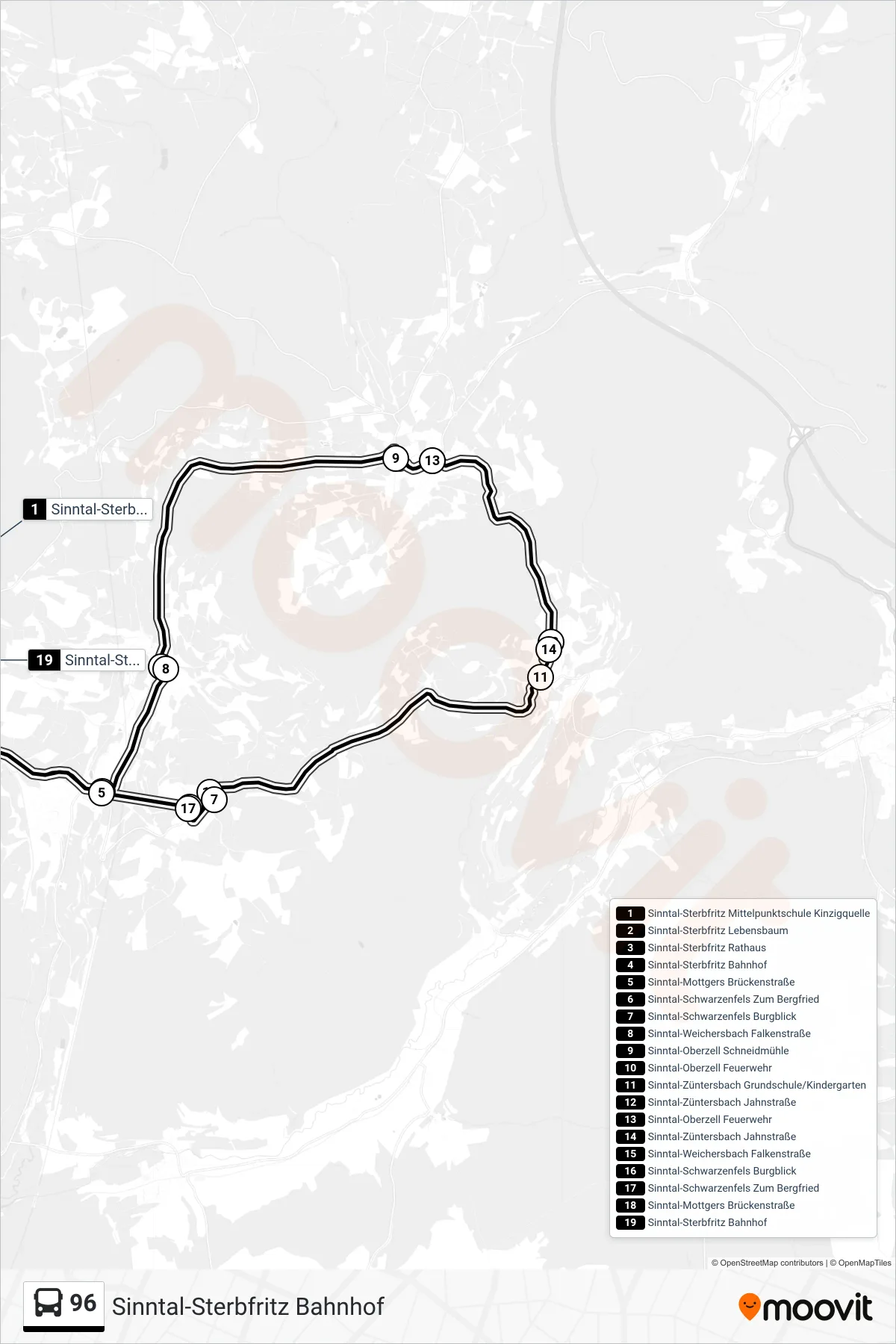 96 bus Line (Sinntal-Sterbfritz Bahnhof) route and stops on a map