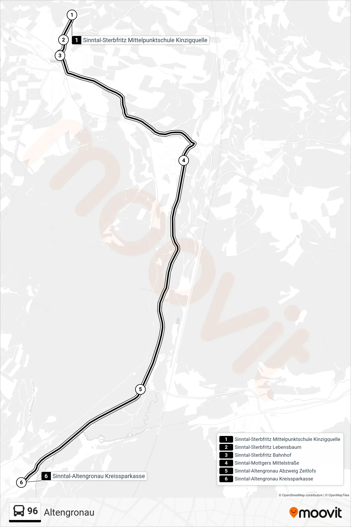 96 bus Line (Altengronau) route and stops on a map