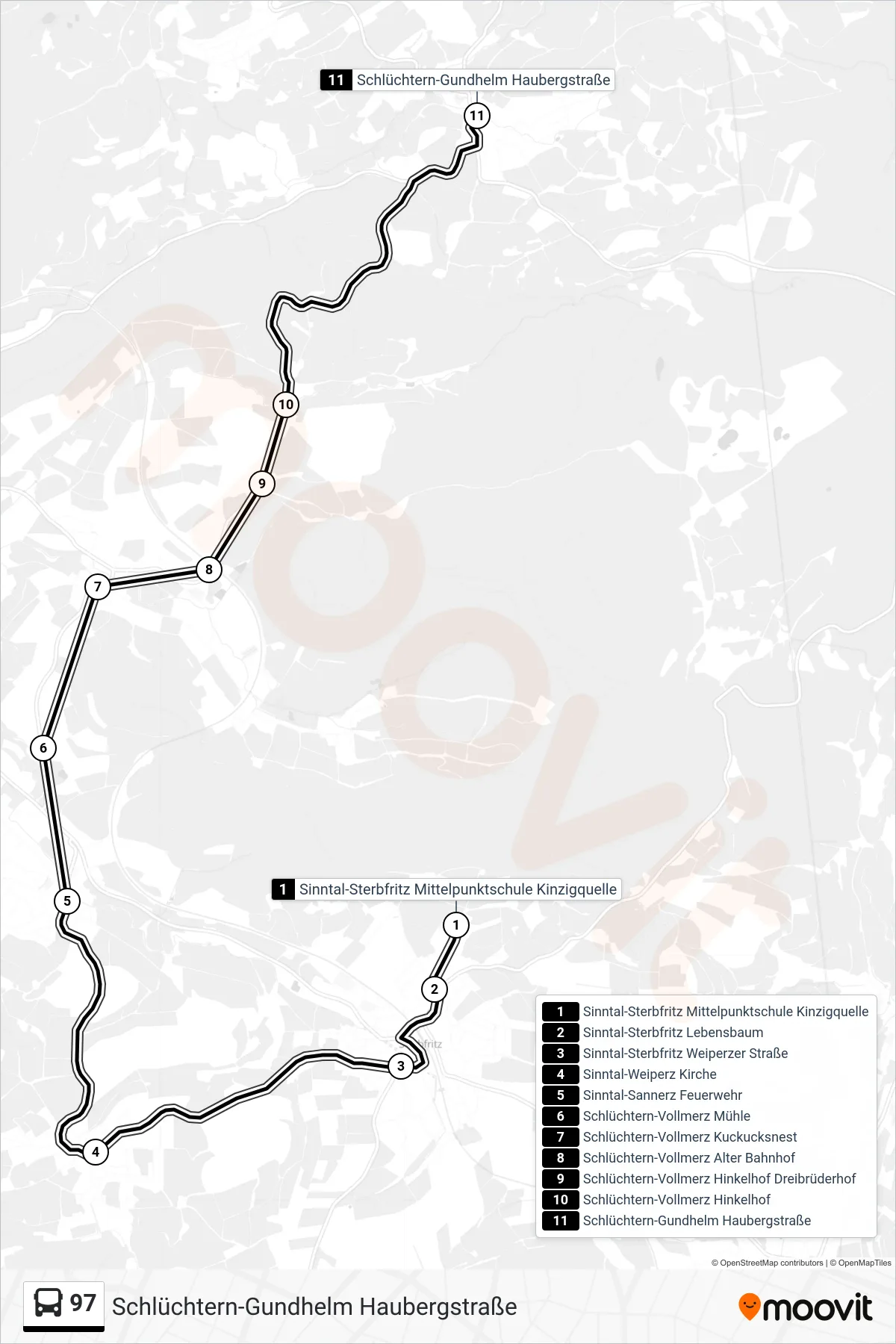 97 bus Line (Schlüchtern-Gundhelm Haubergstraße) route and stops on a map