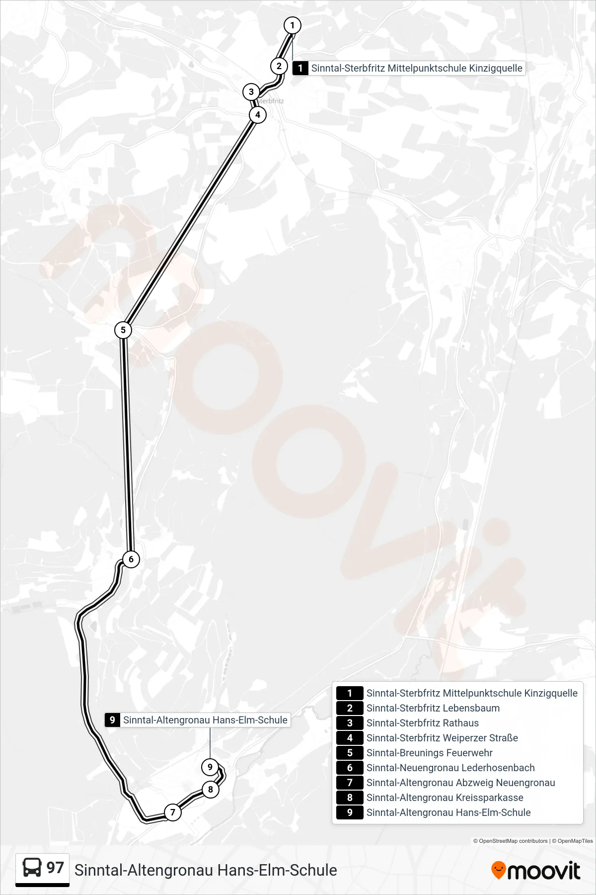 97 bus Line (Sinntal-Altengronau Hans-Elm-Schule) route and stops on a map