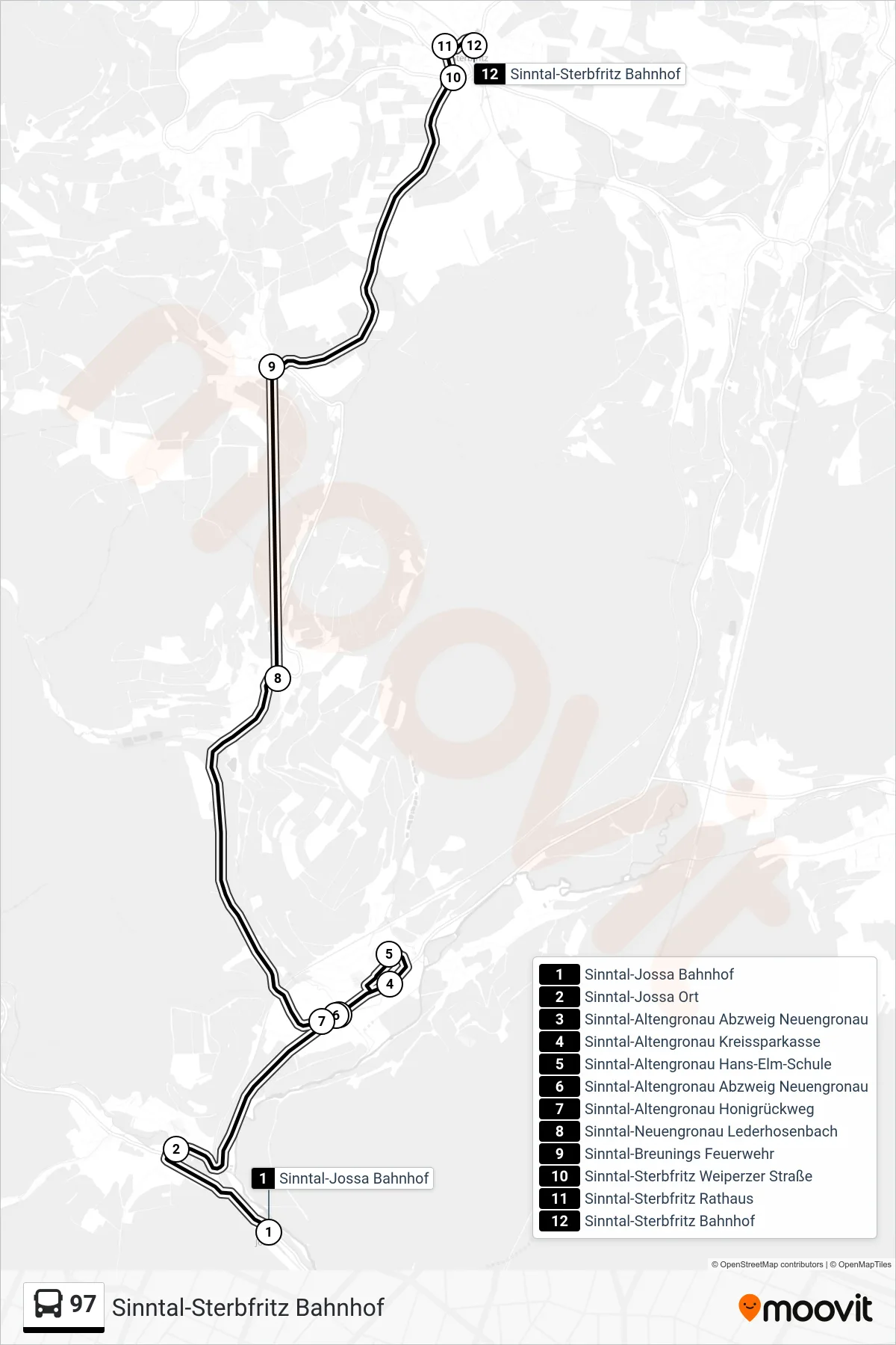 97 bus Line (Sinntal-Sterbfritz Bahnhof) route and stops on a map