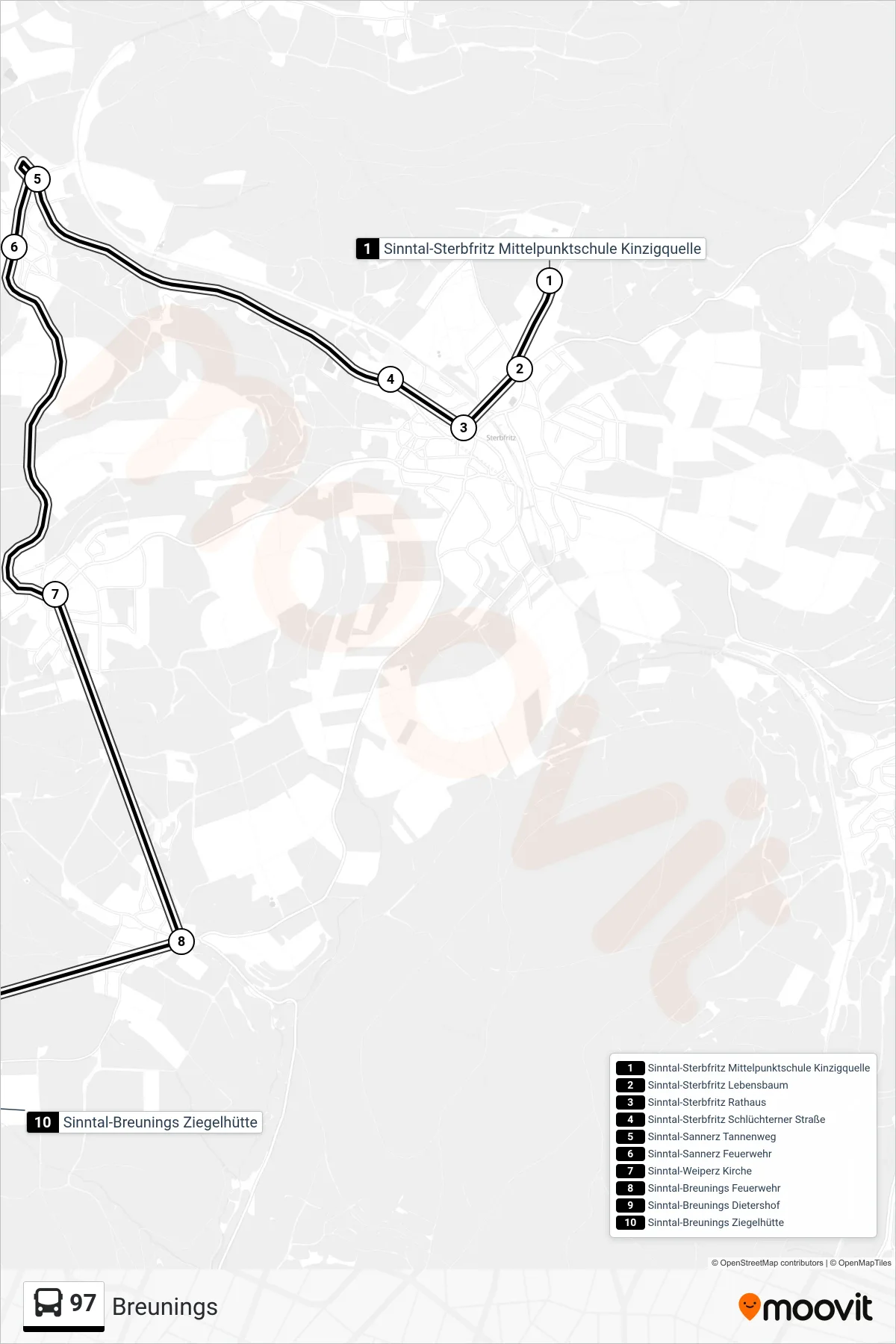 97 bus Line (Breunings) route and stops on a map