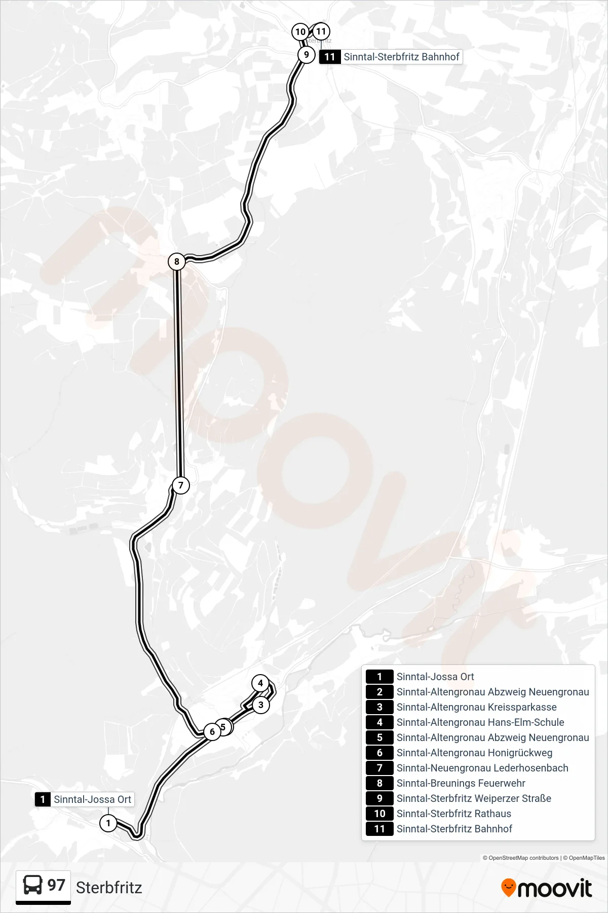 97 bus Line (Sterbfritz) route and stops on a map