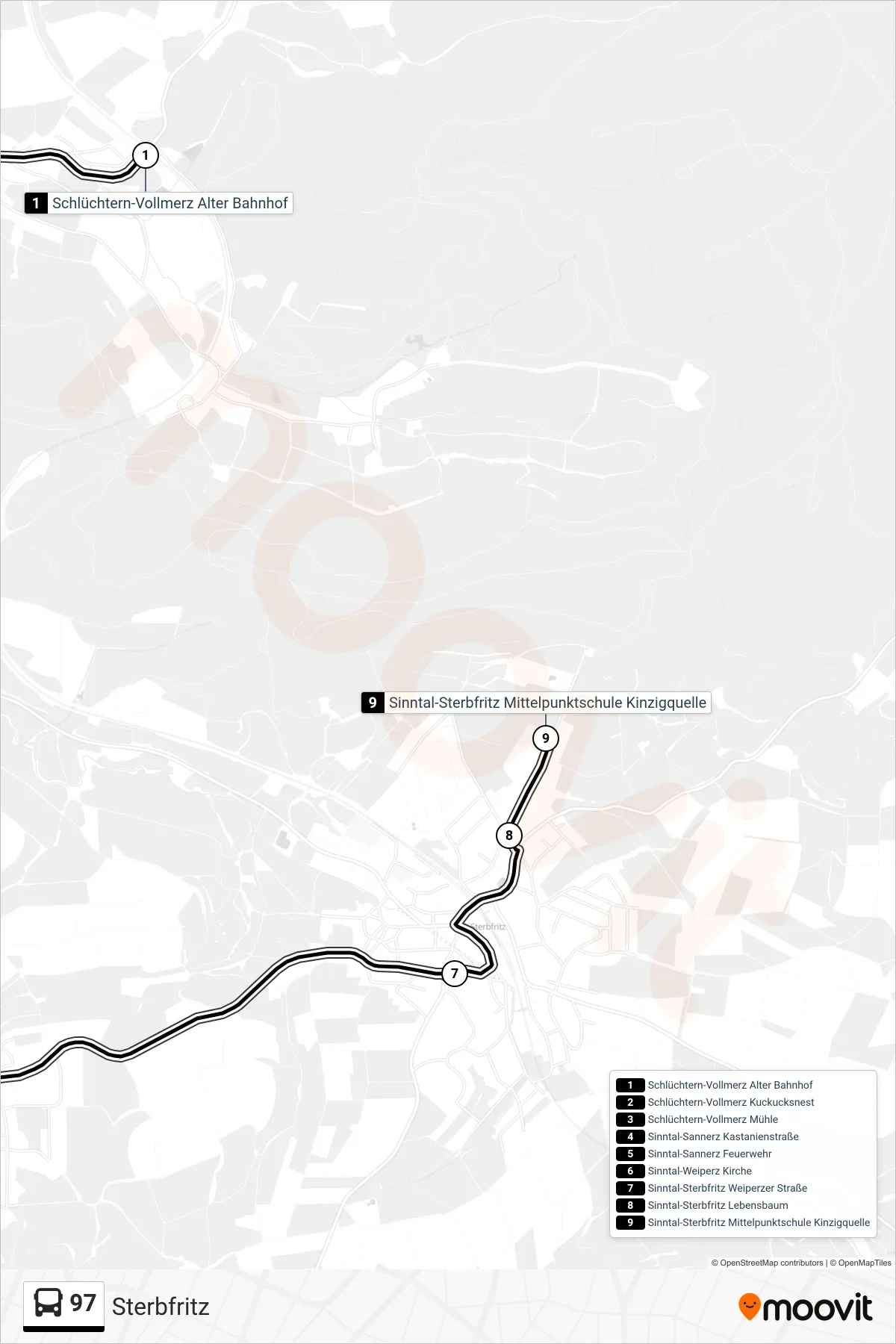 97 bus Line (Sterbfritz) route and stops on a map