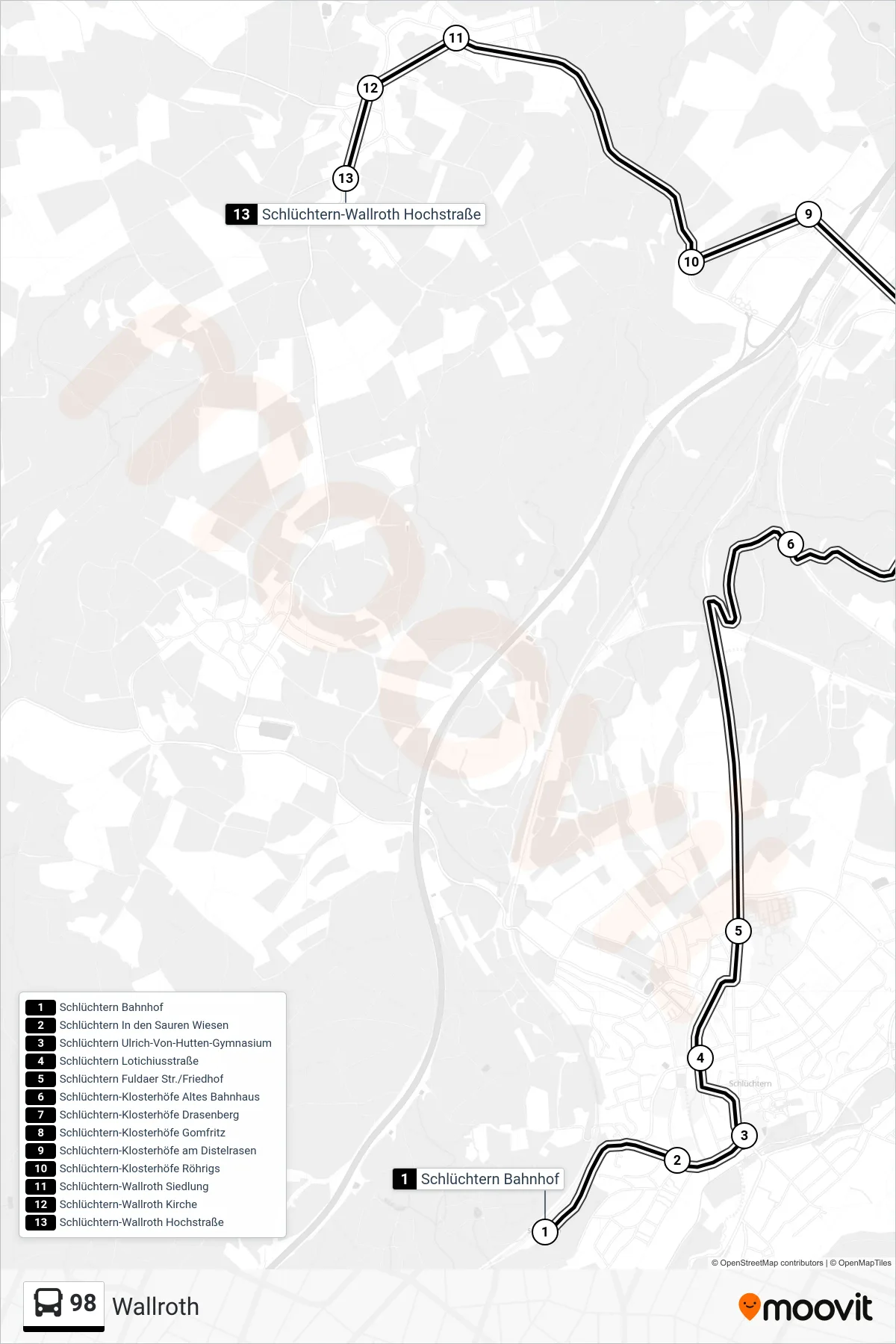 98 bus Line (Wallroth) route and stops on a map