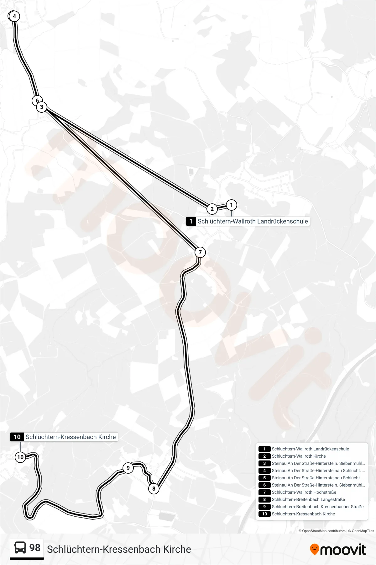 98 bus Line (Schlüchtern-Kressenbach Kirche) route and stops on a map