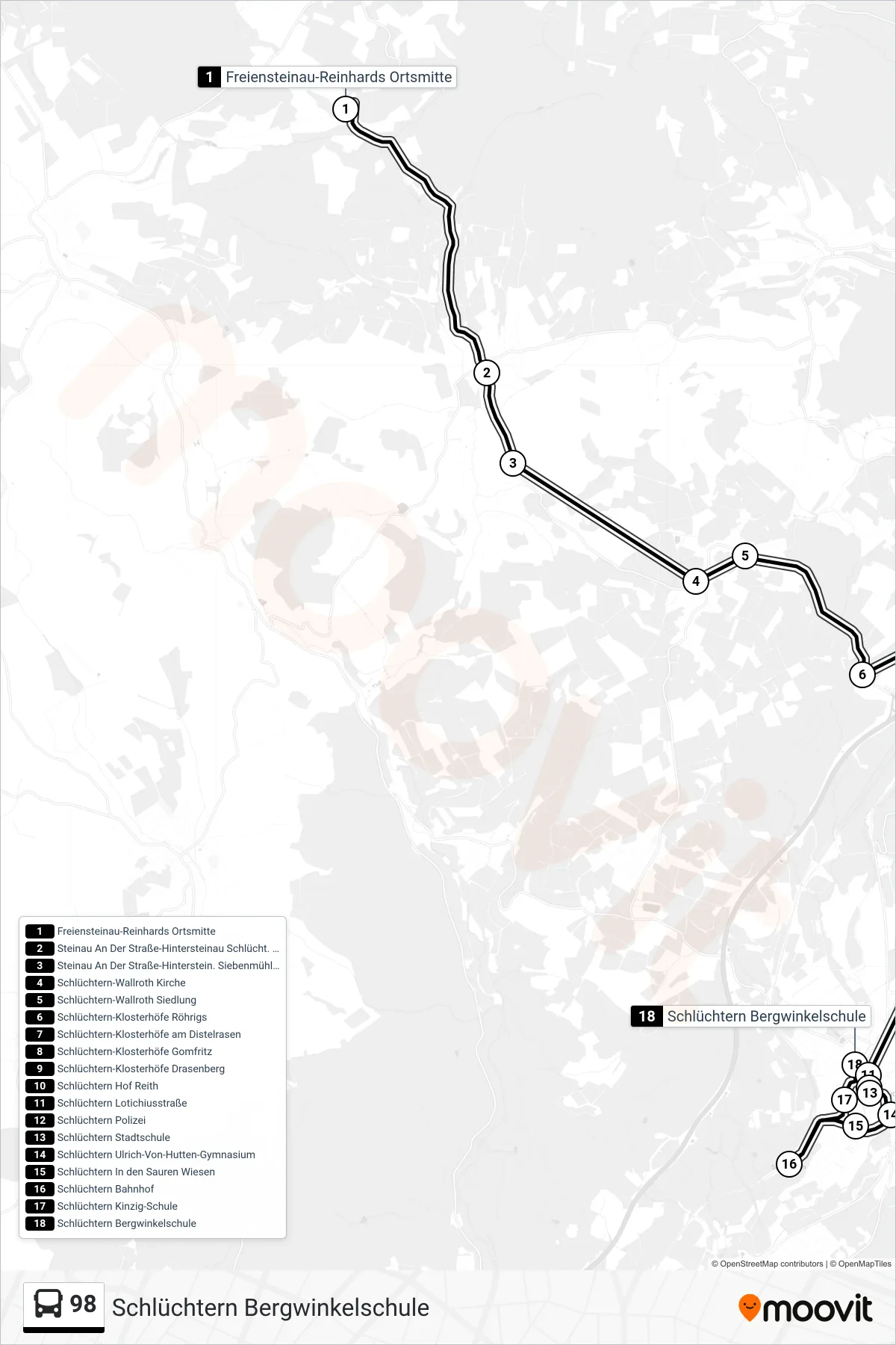 98 bus Line (Schlüchtern Bergwinkelschule) route and stops on a map