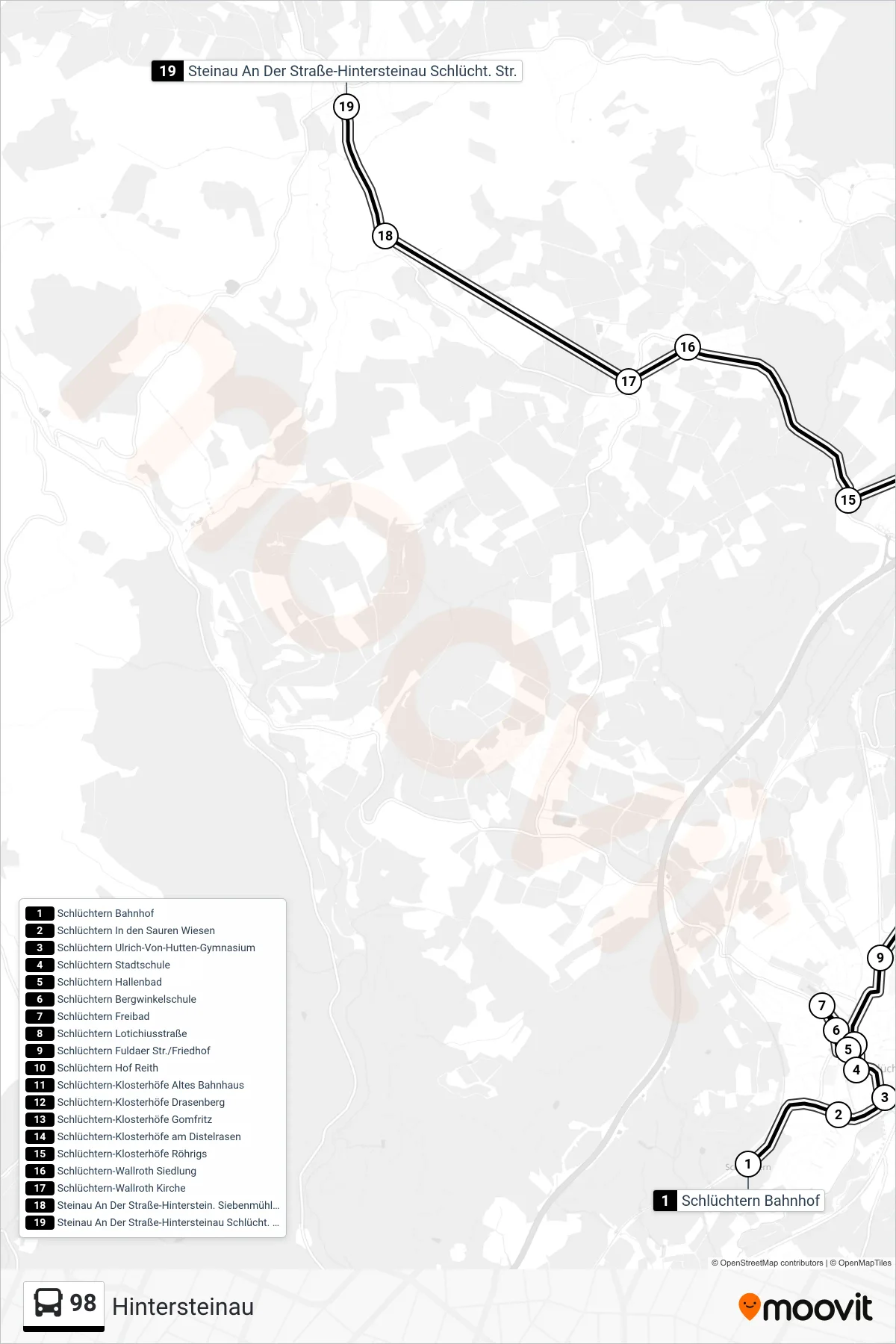 98 bus Line (Hintersteinau) route and stops on a map