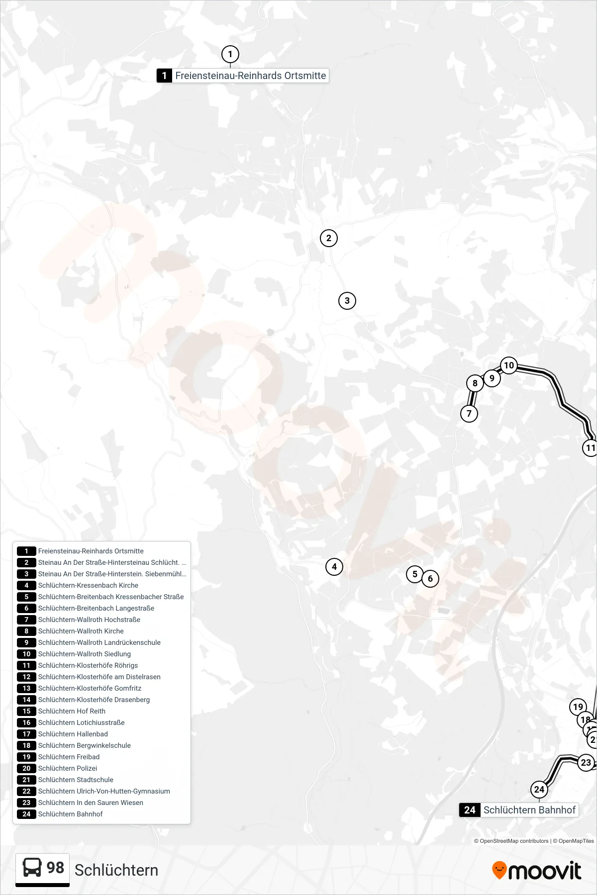 98 bus Line (Schlüchtern) route and stops on a map