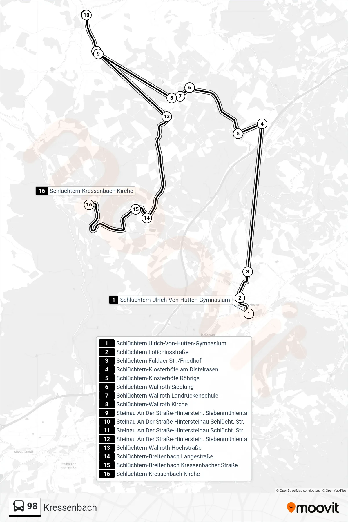 98 bus Line (Kressenbach) route and stops on a map