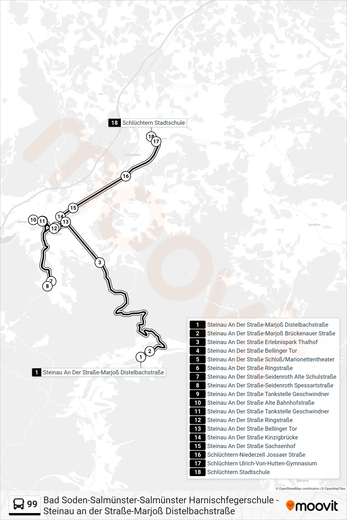 Linie 99 (Bus) Richtung Schlüchtern: Route und Haltestellen auf der Karte