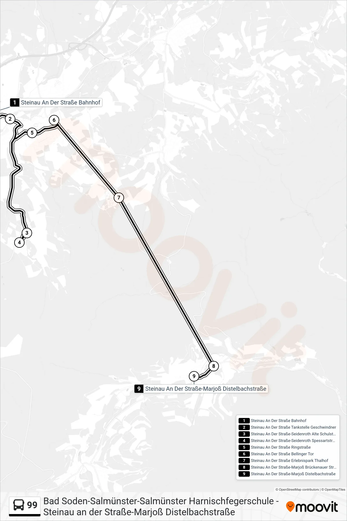 99 bus Line (Steinau An Der Straße-Marjoß Distelbachstraße) route and stops on a map