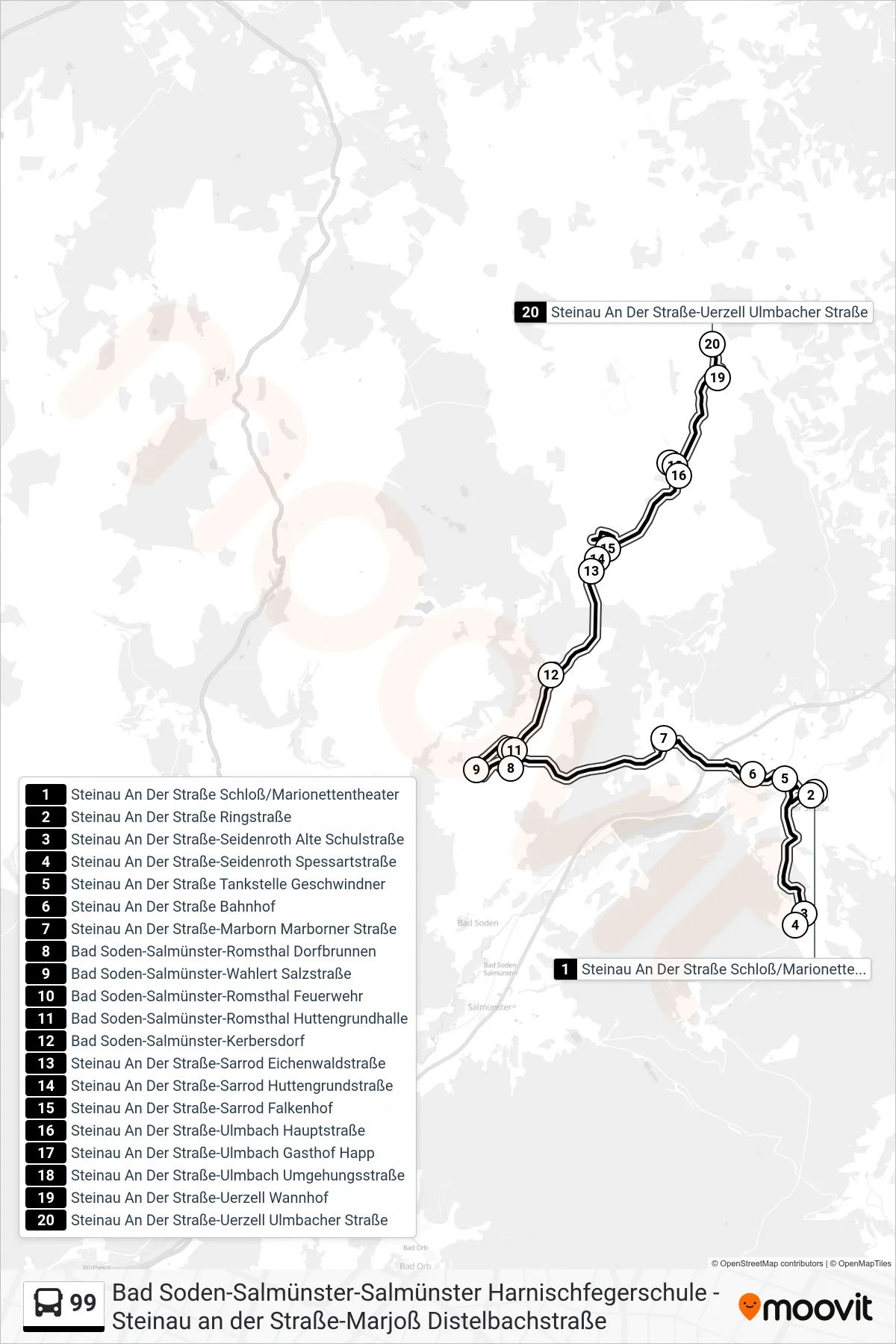 99 bus Line (Steinau An Der Straße-Uerzell Ulmbacher Straße) route and stops on a map