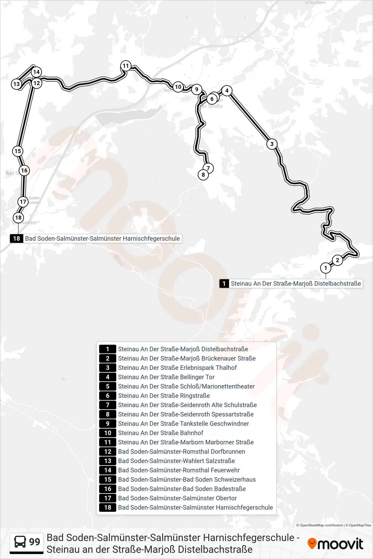 99 bus Line (Salmünster) route and stops on a map