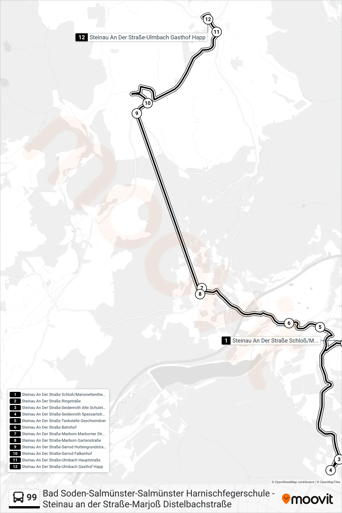 99 bus Line (Ulmbach) route and stops on a map