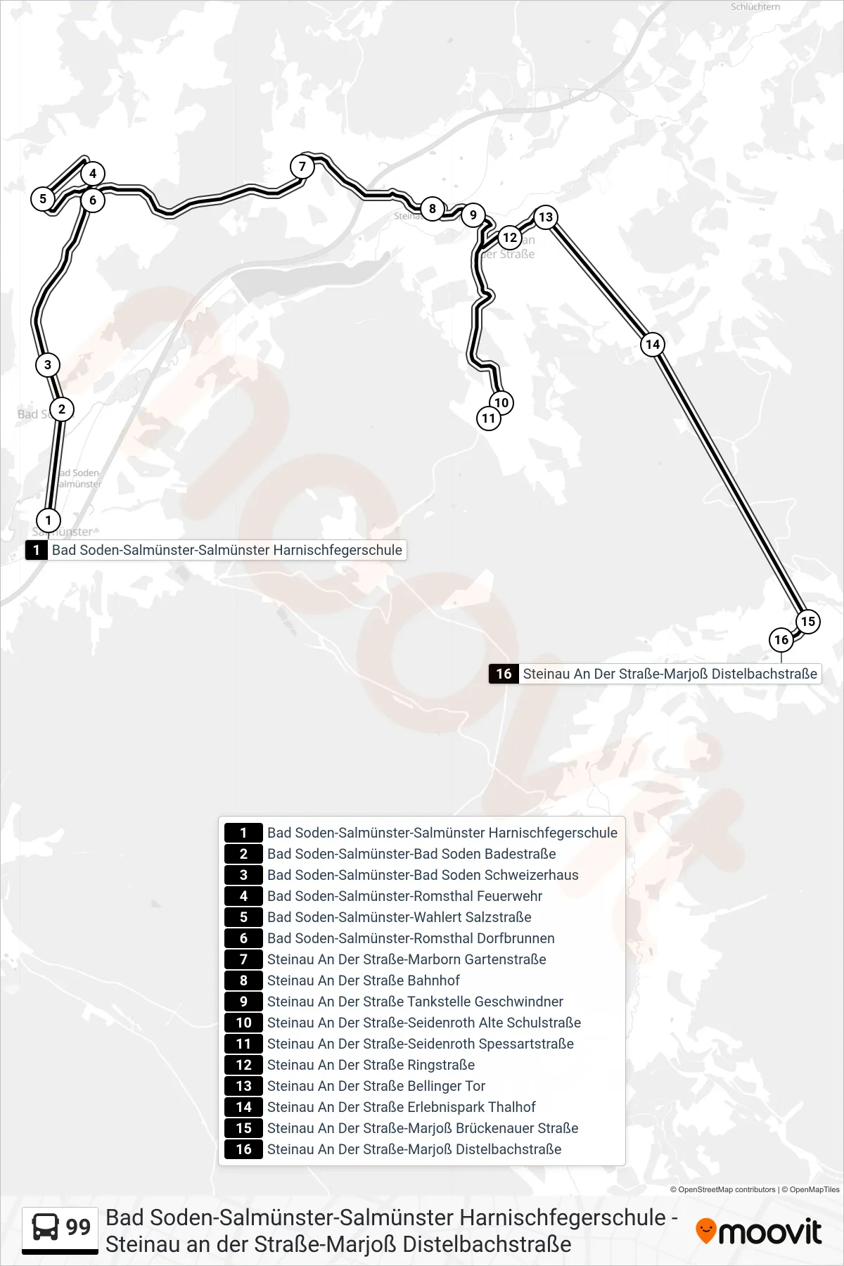 99 bus Line (Marjoss) route and stops on a map