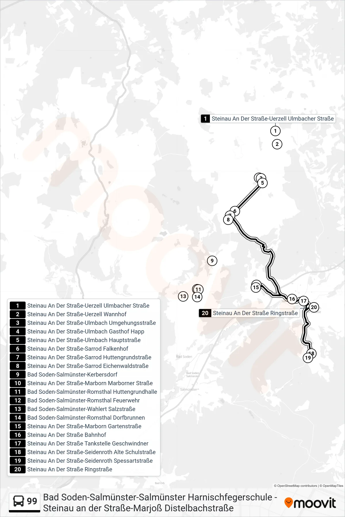 99 bus Line (Steinau) route and stops on a map