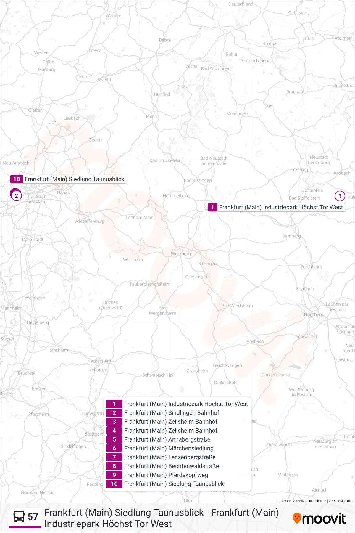 57 bus Line (Frankfurt (Main) Siedlung Taunusblick) route and stops on a map