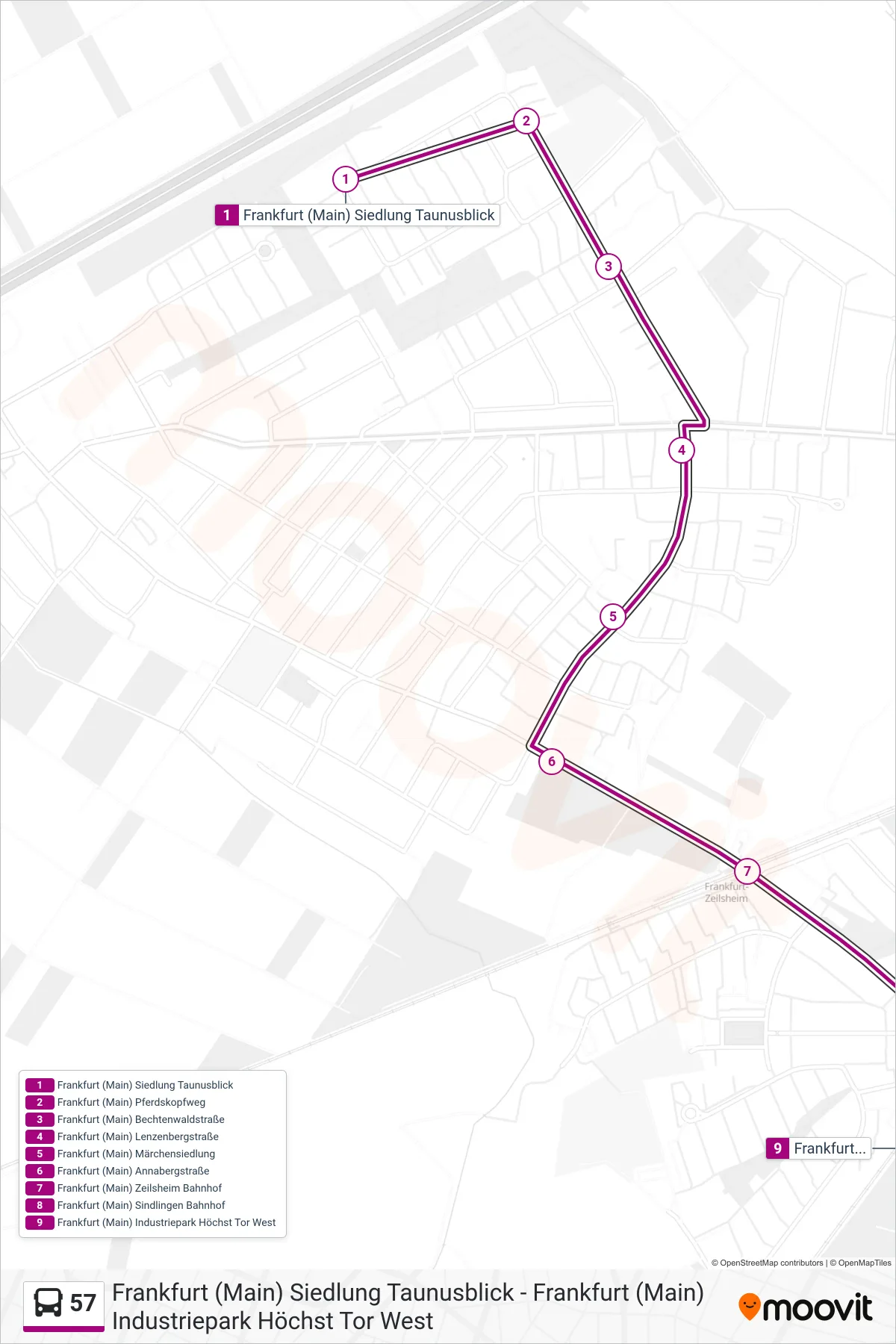 57 bus Line (Frankfurt (Main) Industriepark Höchst Tor West) route and stops on a map