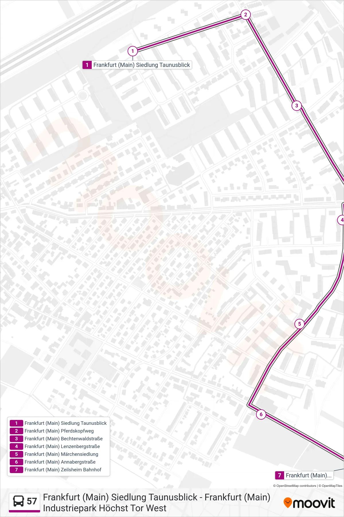 Linie 57 (Bus) Richtung Frankfurt (Main) Zeilsheim Bahnhof: Route und Haltestellen auf der Karte