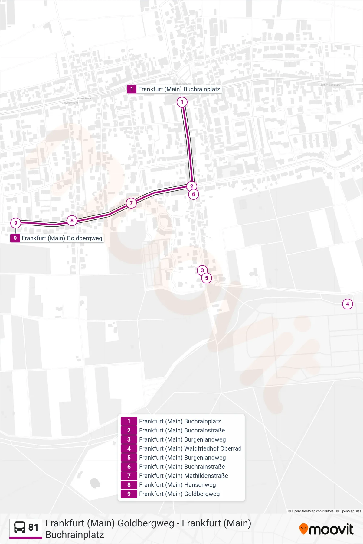 81 bus Line (Frankfurt (Main) Goldbergweg) route and stops on a map
