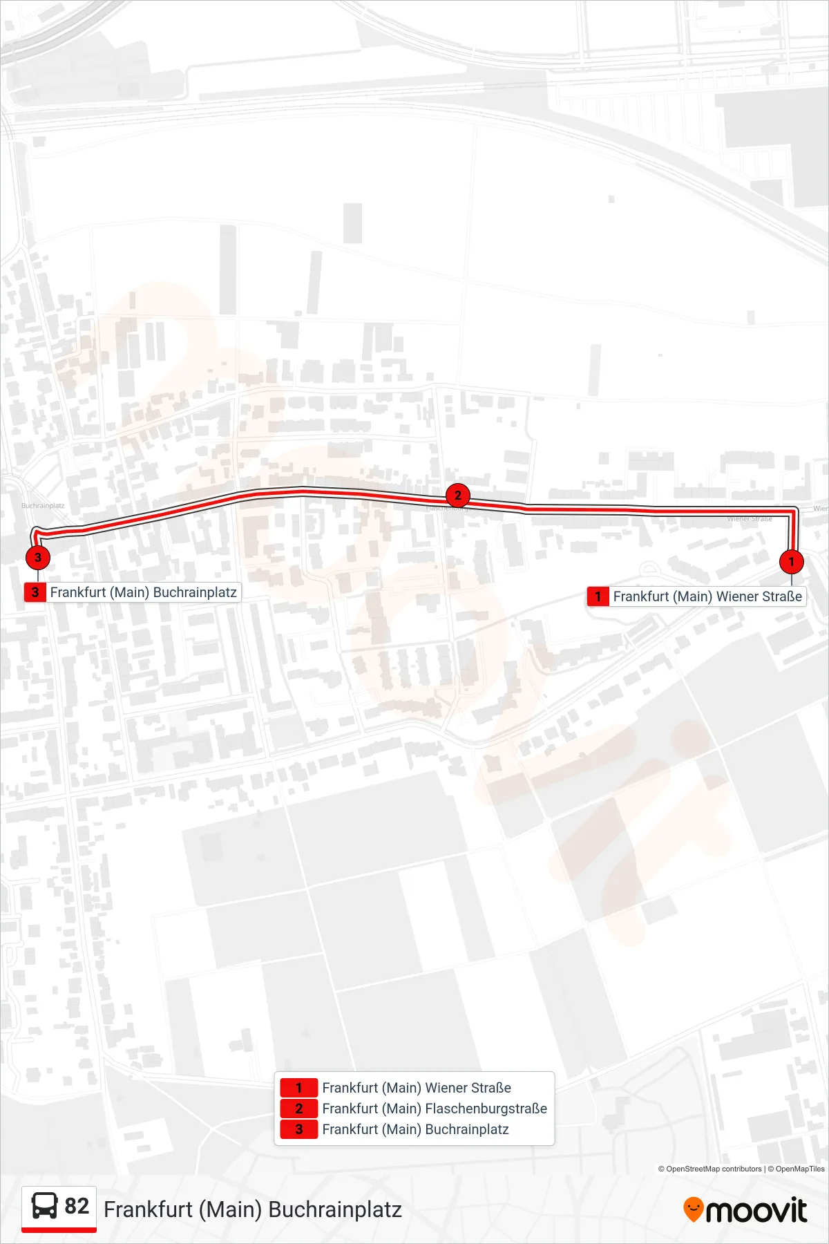 Linie 82 (Bus) Richtung Frankfurt (Main) Buchrainplatz: Route und Haltestellen auf der Karte
