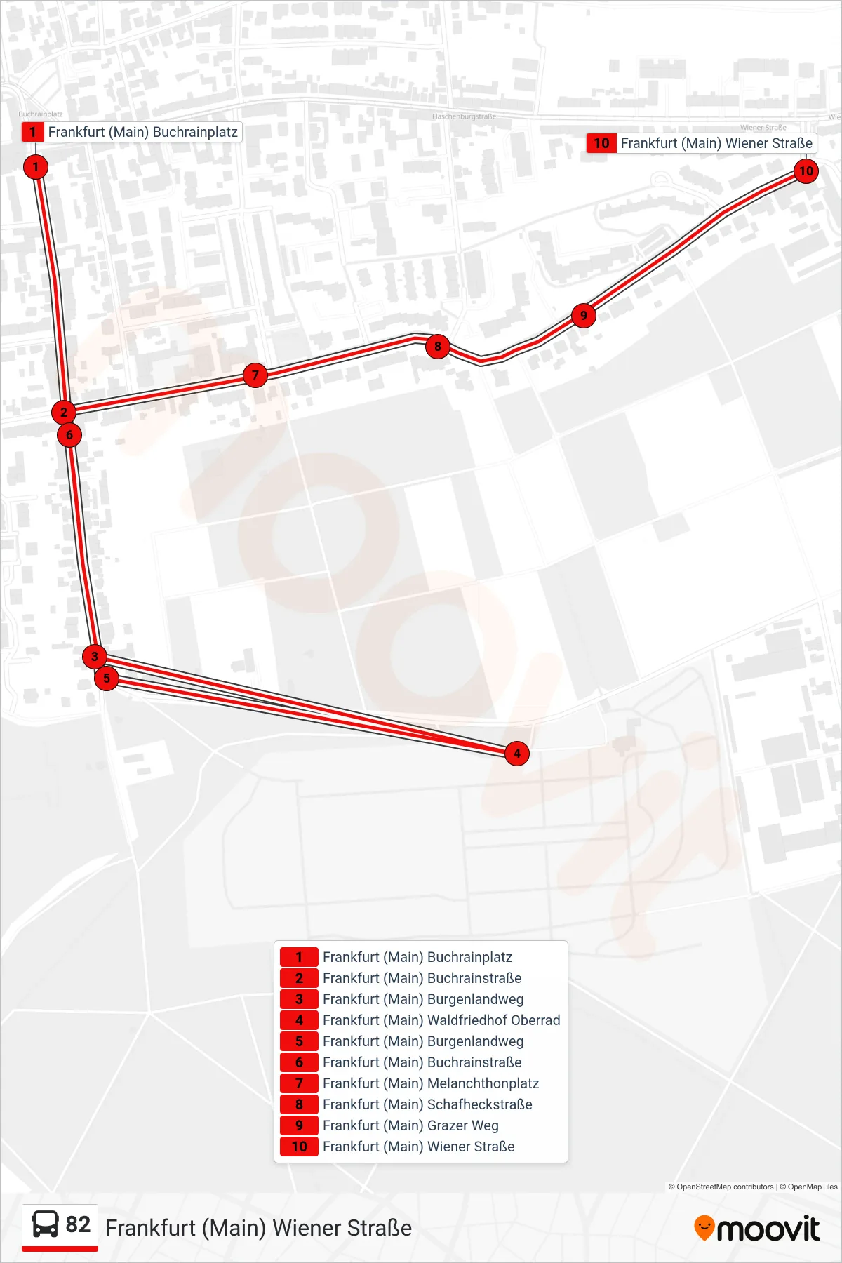 Linie 82 (Bus) Richtung Frankfurt (Main) Wiener Straße: Route und Haltestellen auf der Karte