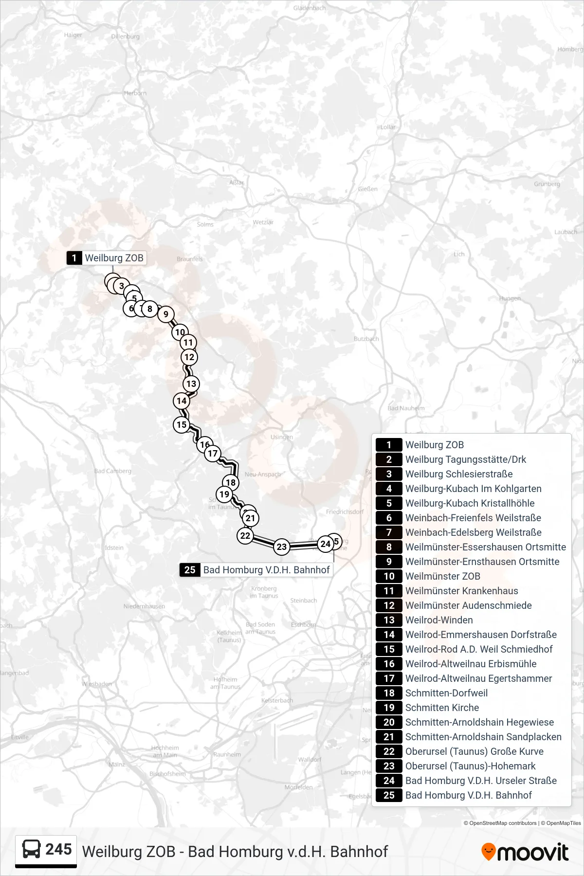 245 bus Line (Bad Homburg V.D.H. Bahnhof) route and stops on a map