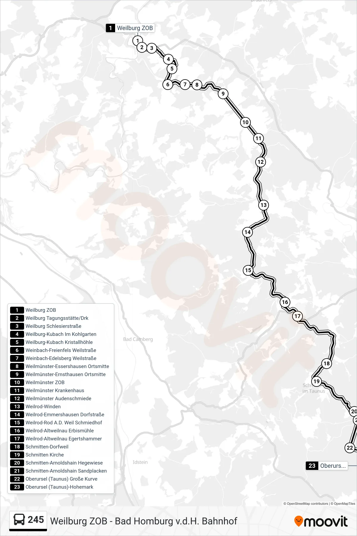 245 bus Line (Oberursel (Taunus)-Hohemark) route and stops on a map