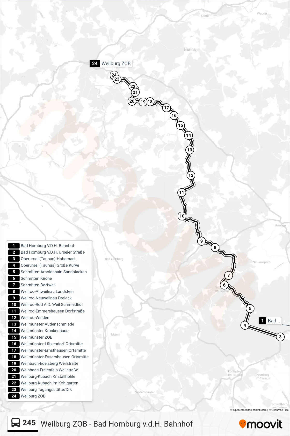 Linie 245 (Bus) Richtung Weilburg ZOB: Route und Haltestellen auf der Karte