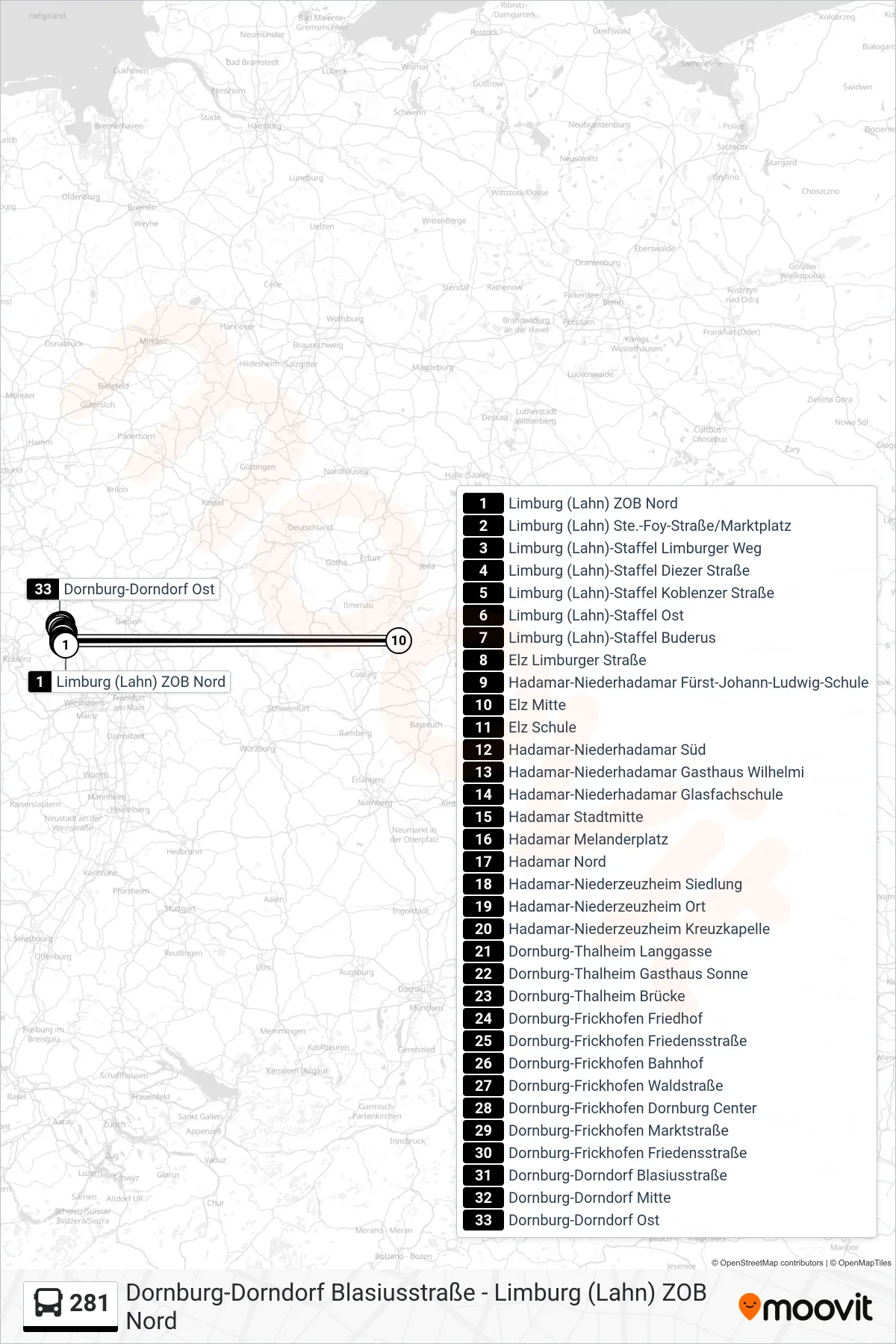 281 bus Line (Dornburg-Dorndorf Ost) route and stops on a map