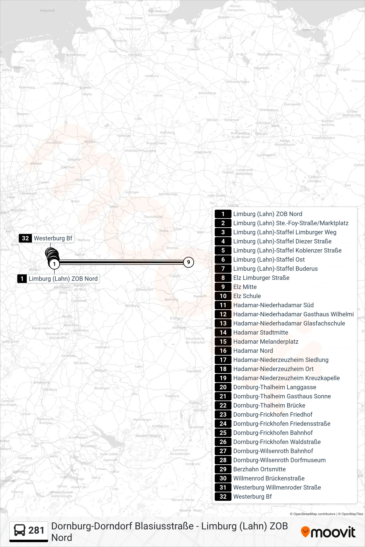 281 bus Line (Westerburg Bf) route and stops on a map